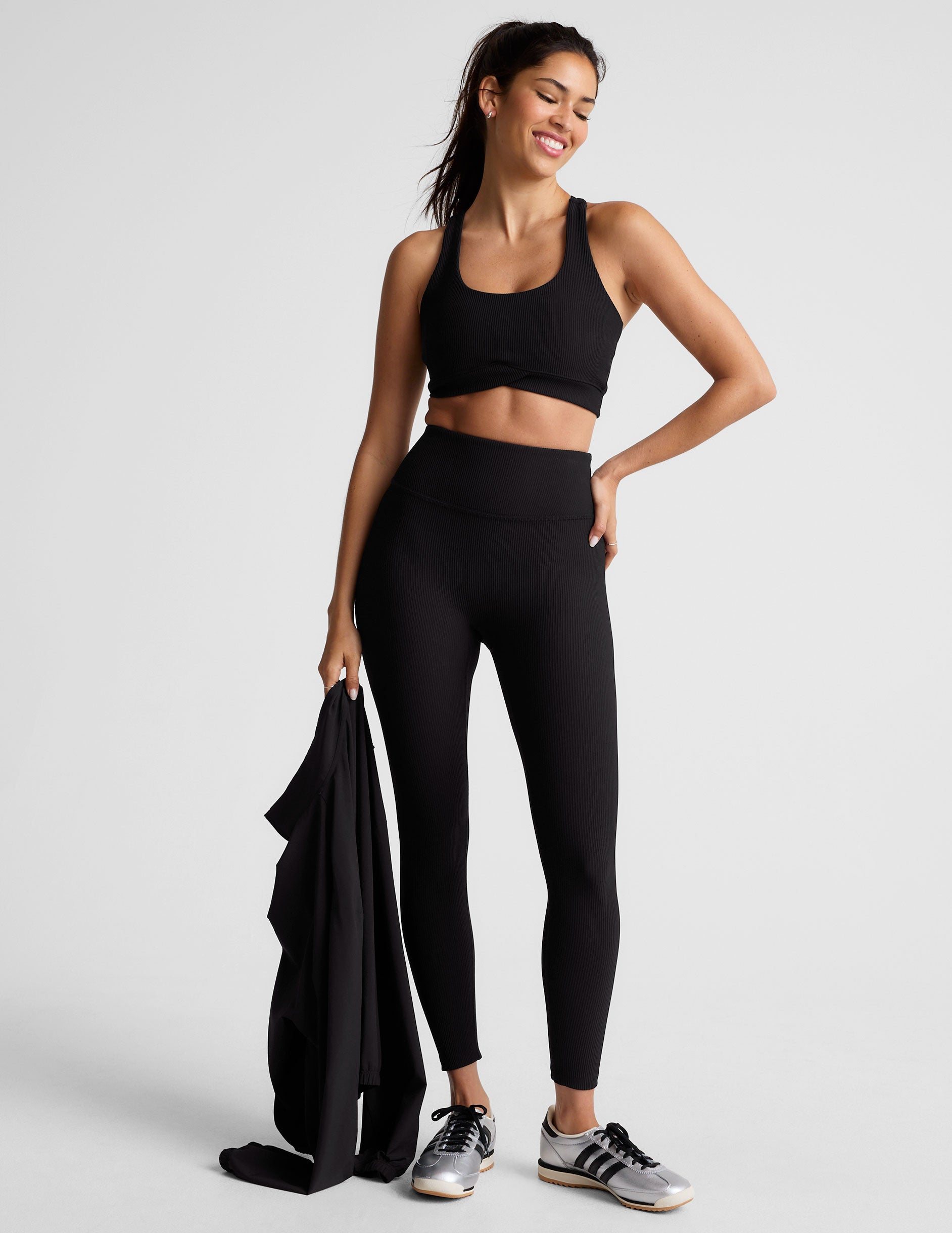black midi length ribbed leggings with a 4" waistband.