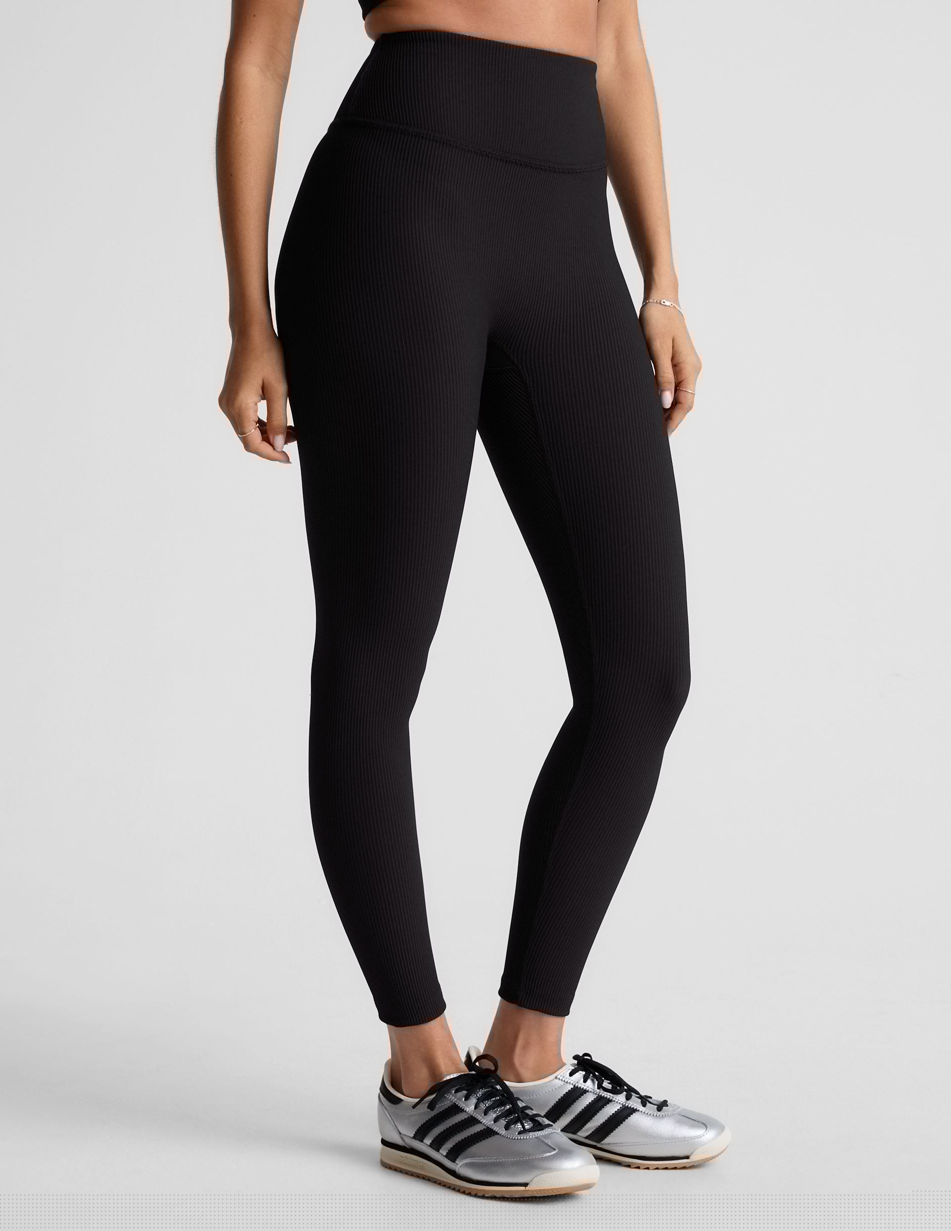 black midi length ribbed leggings with a 4" waistband.
