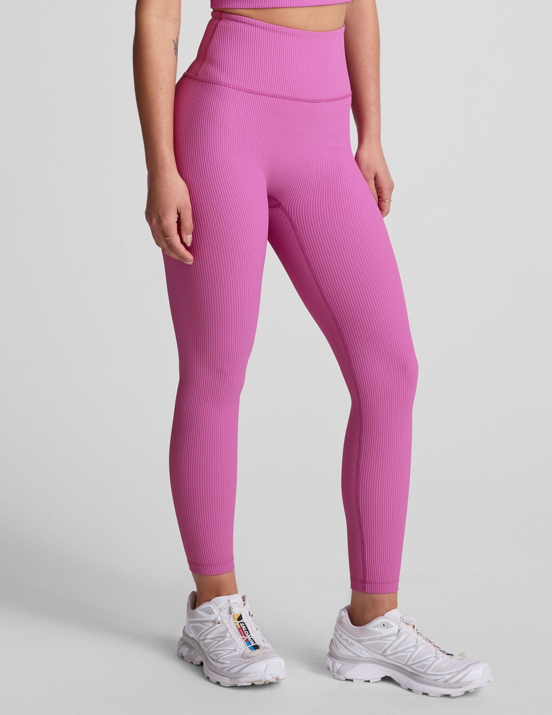 pink midi length ribbed leggings with a 4" waistband.