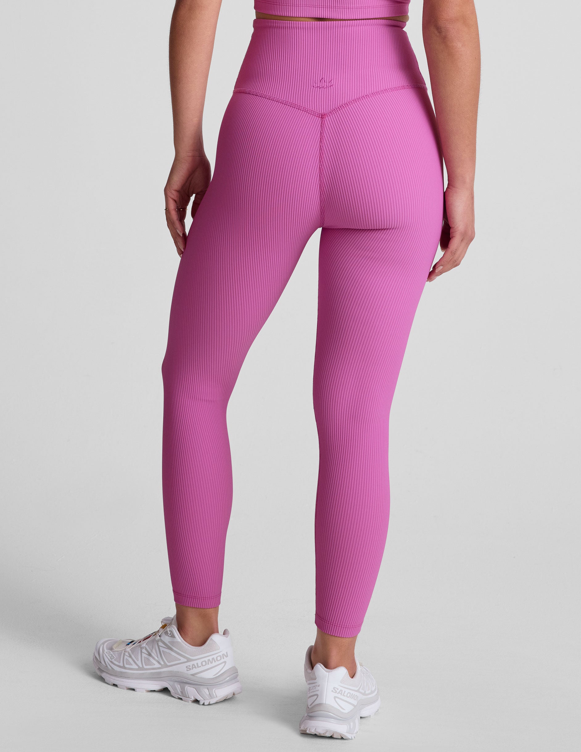 pink midi length ribbed leggings with a 4" waistband.