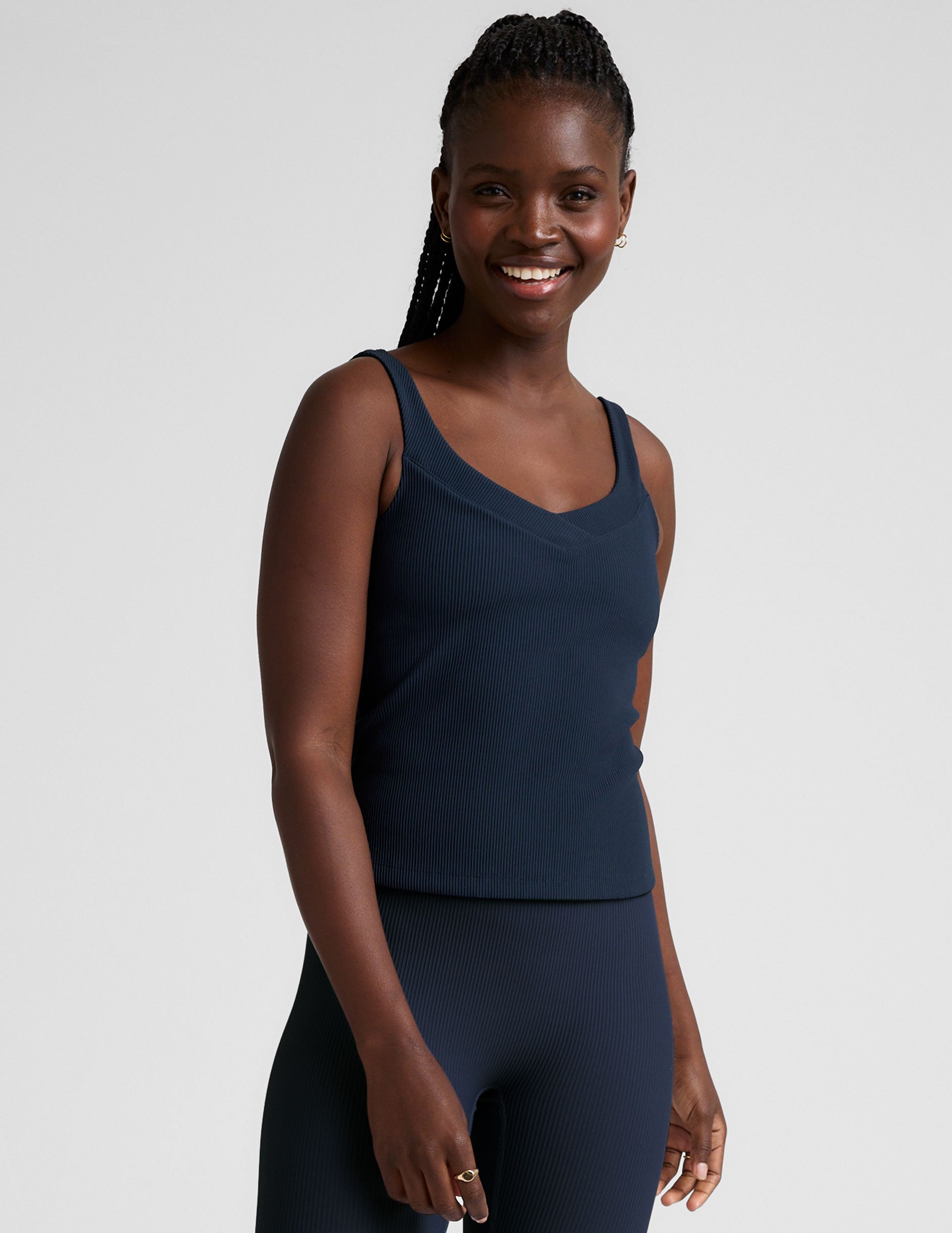 blue v-neck ribbed tank top.