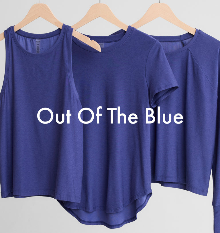 eternal blue heather rebalance tank, eternal blue heather on the down low tee, eternal blue heather daydreamer pullover.