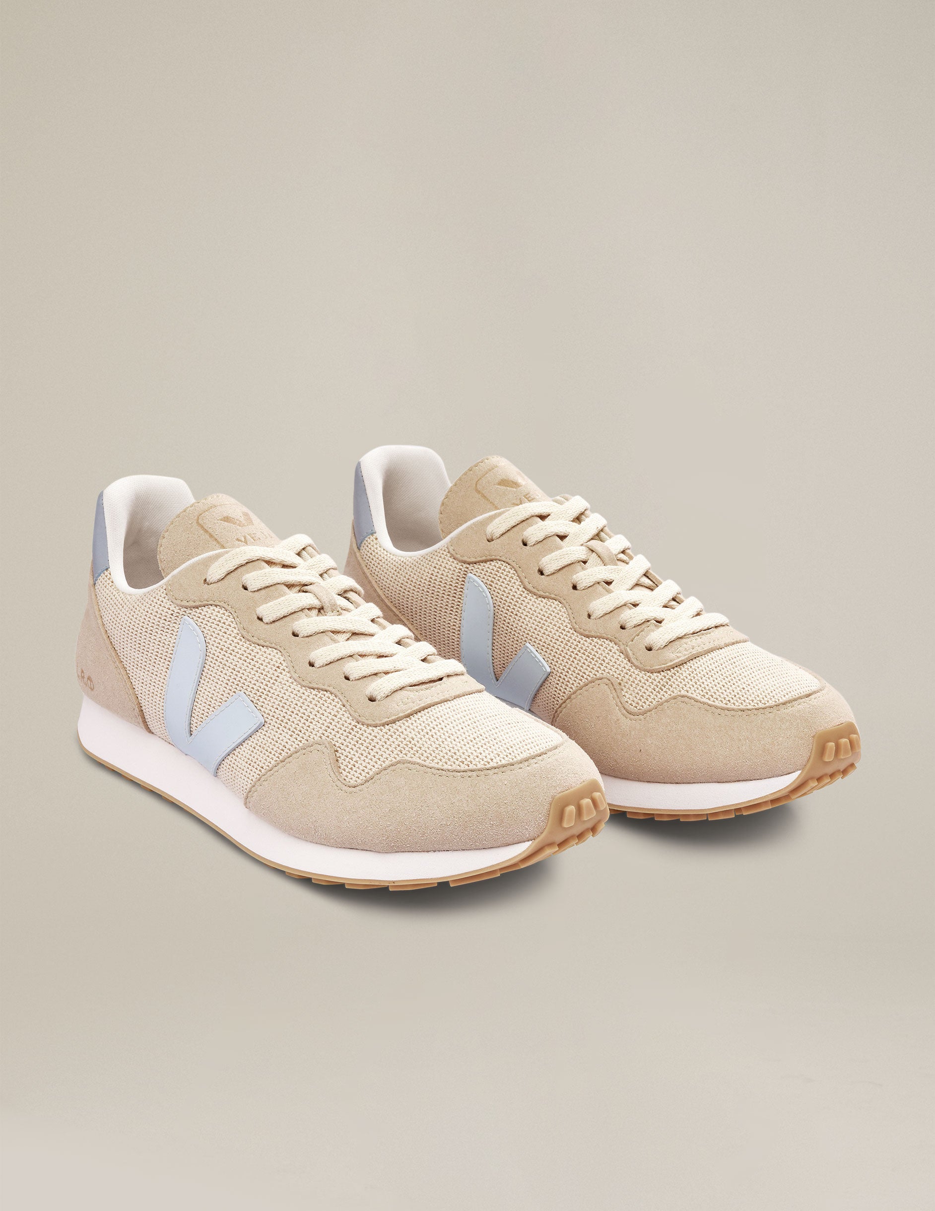 cream and blue lace up Veja SDU sneakers. made in Brazil.