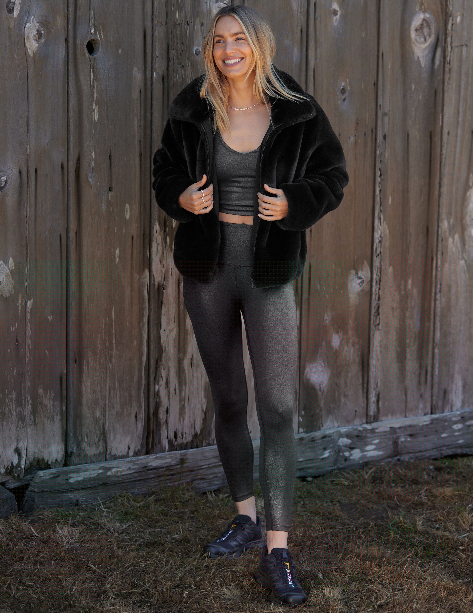 black shine heather rib high-waisted midi leggings.