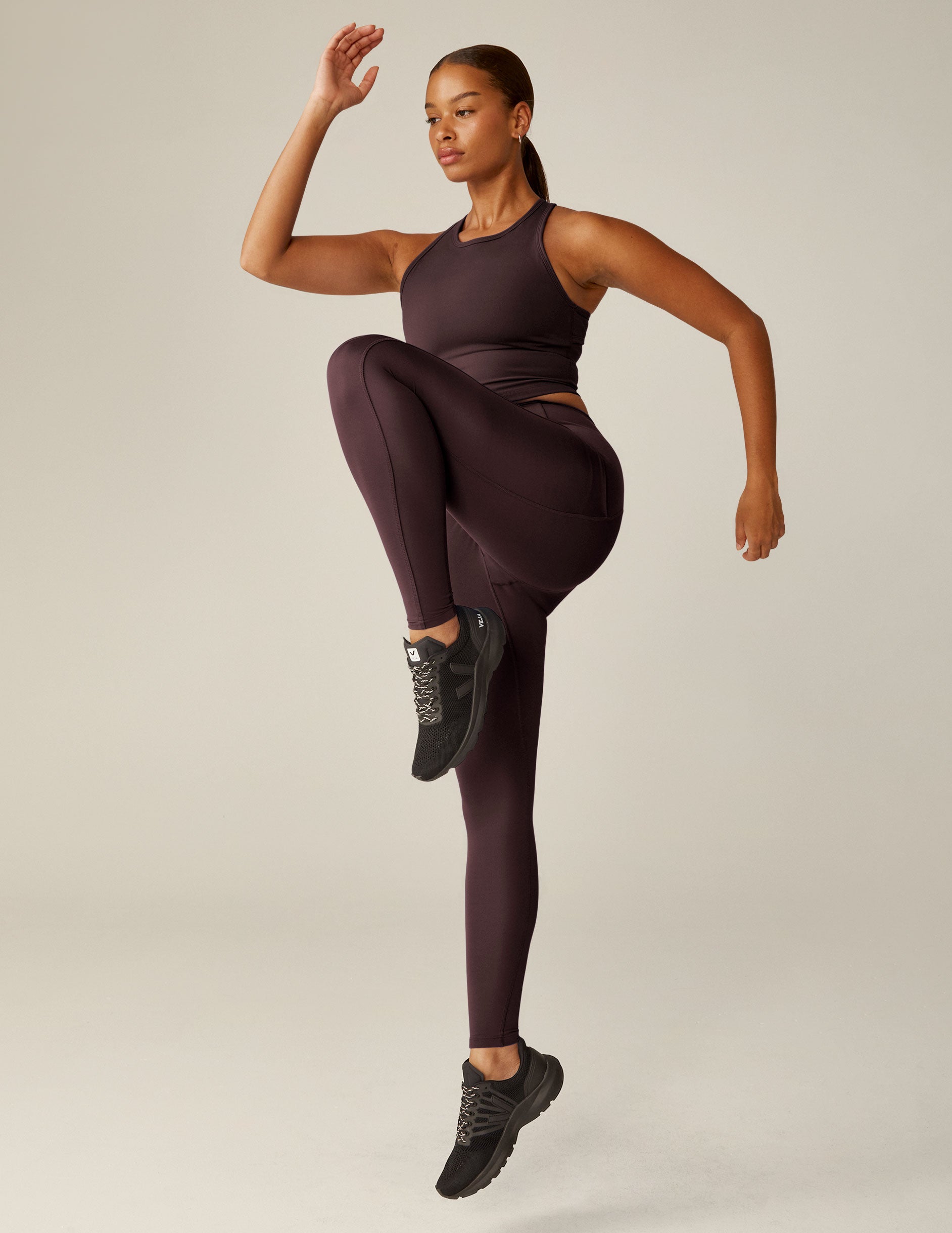 purple high-neck racerback cropped tank top.
