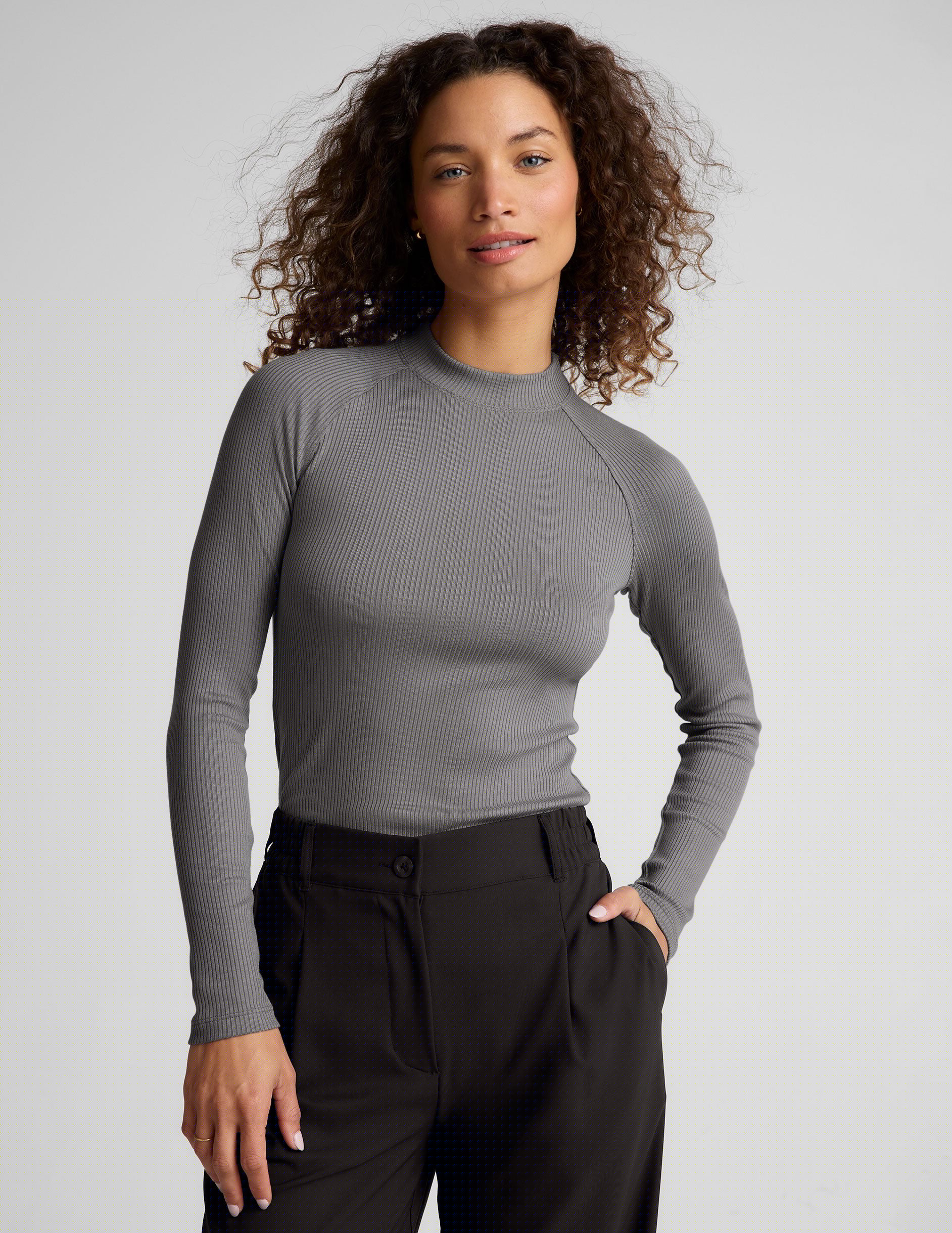 gray long length ribbed mock-neck long sleeve top.