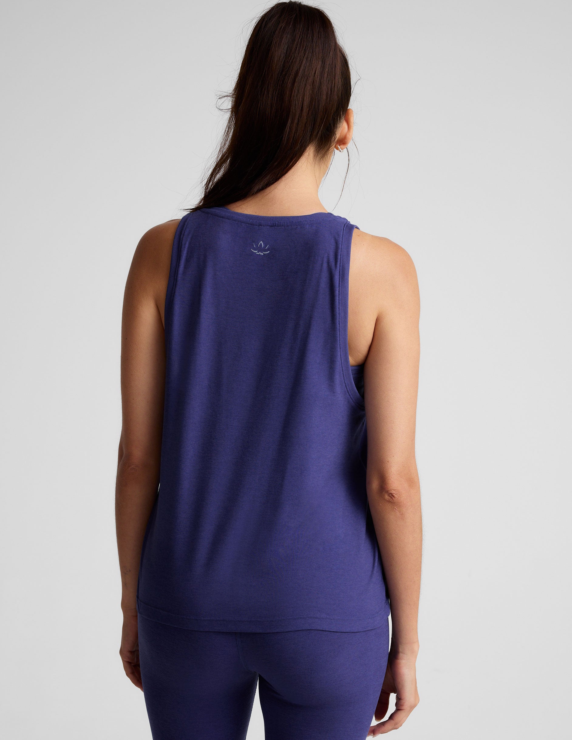 blue relaxed fit tank top with a high front neckline.