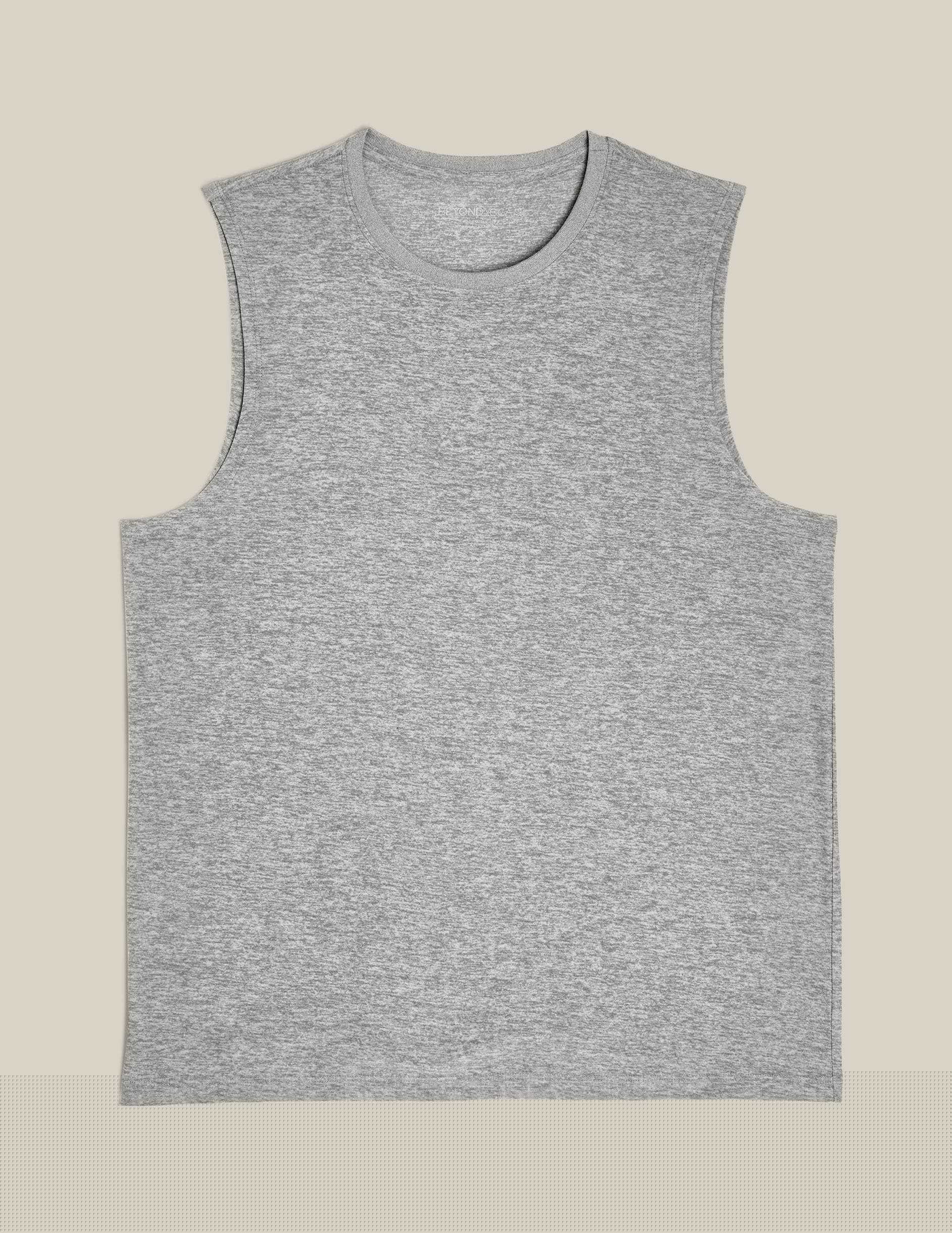 gray mens sleeveless muscle tank top with a ribbed crew collar.