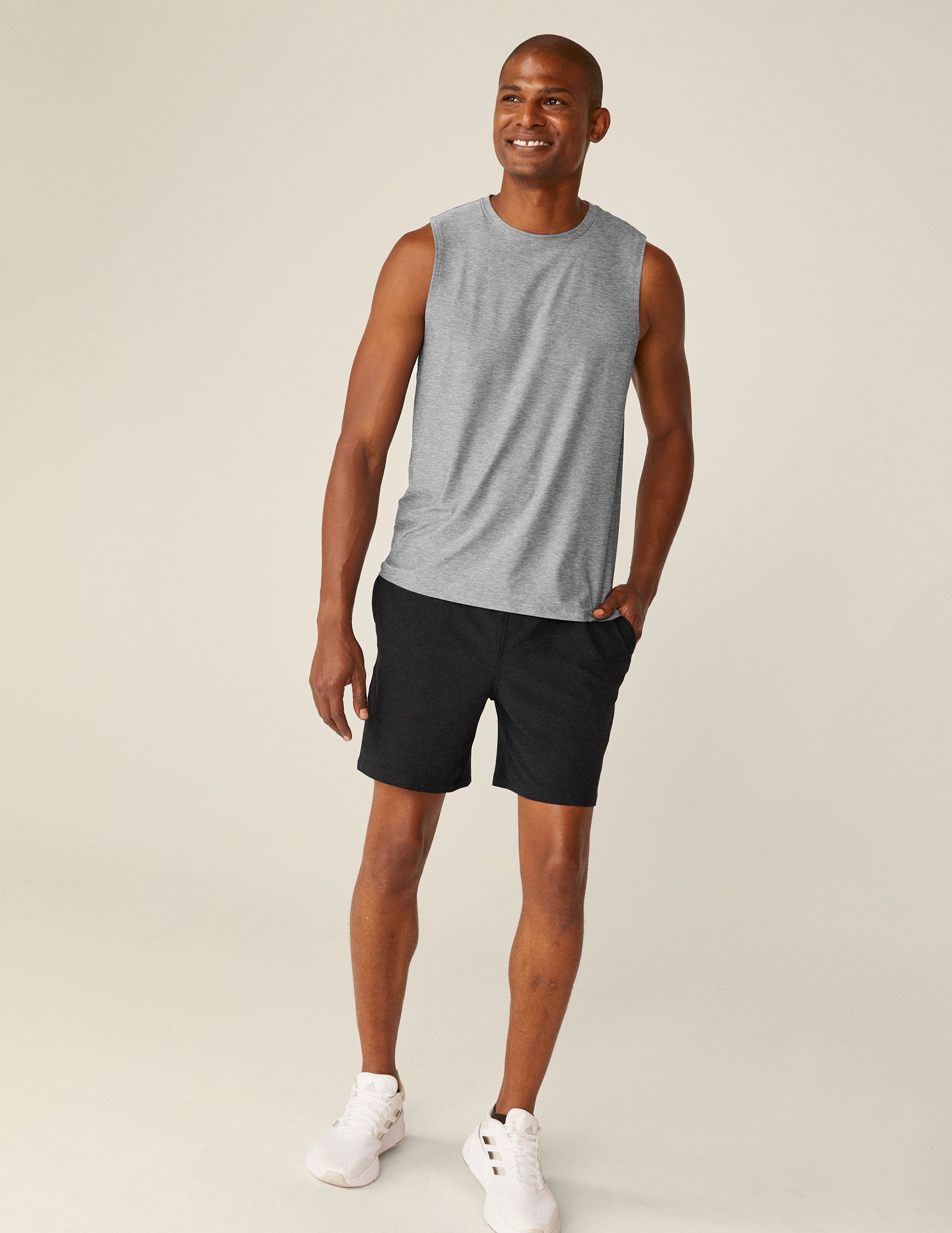 gray mens sleeveless muscle tank top with a ribbed crew collar.