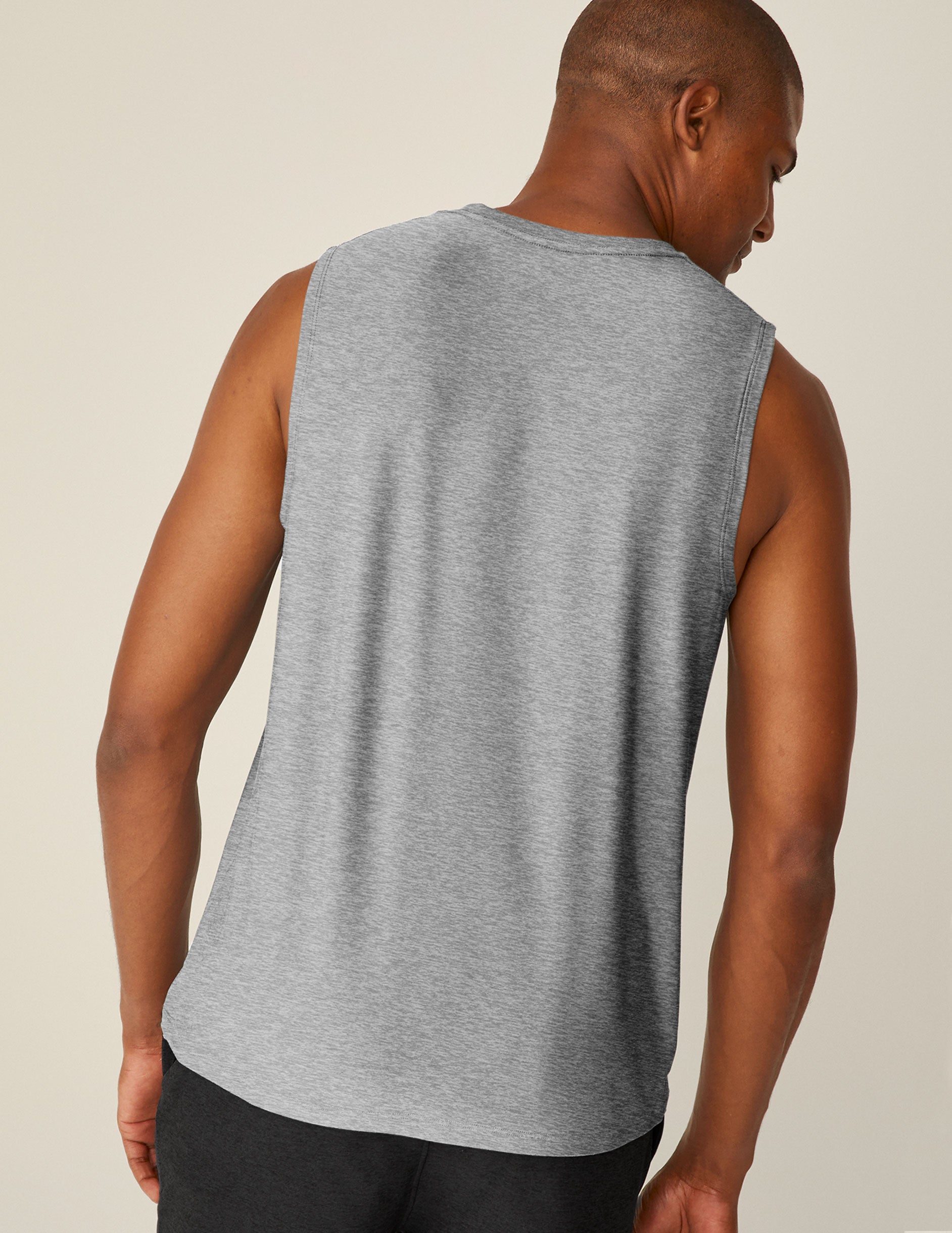 gray mens sleeveless muscle tank top with a ribbed crew collar.