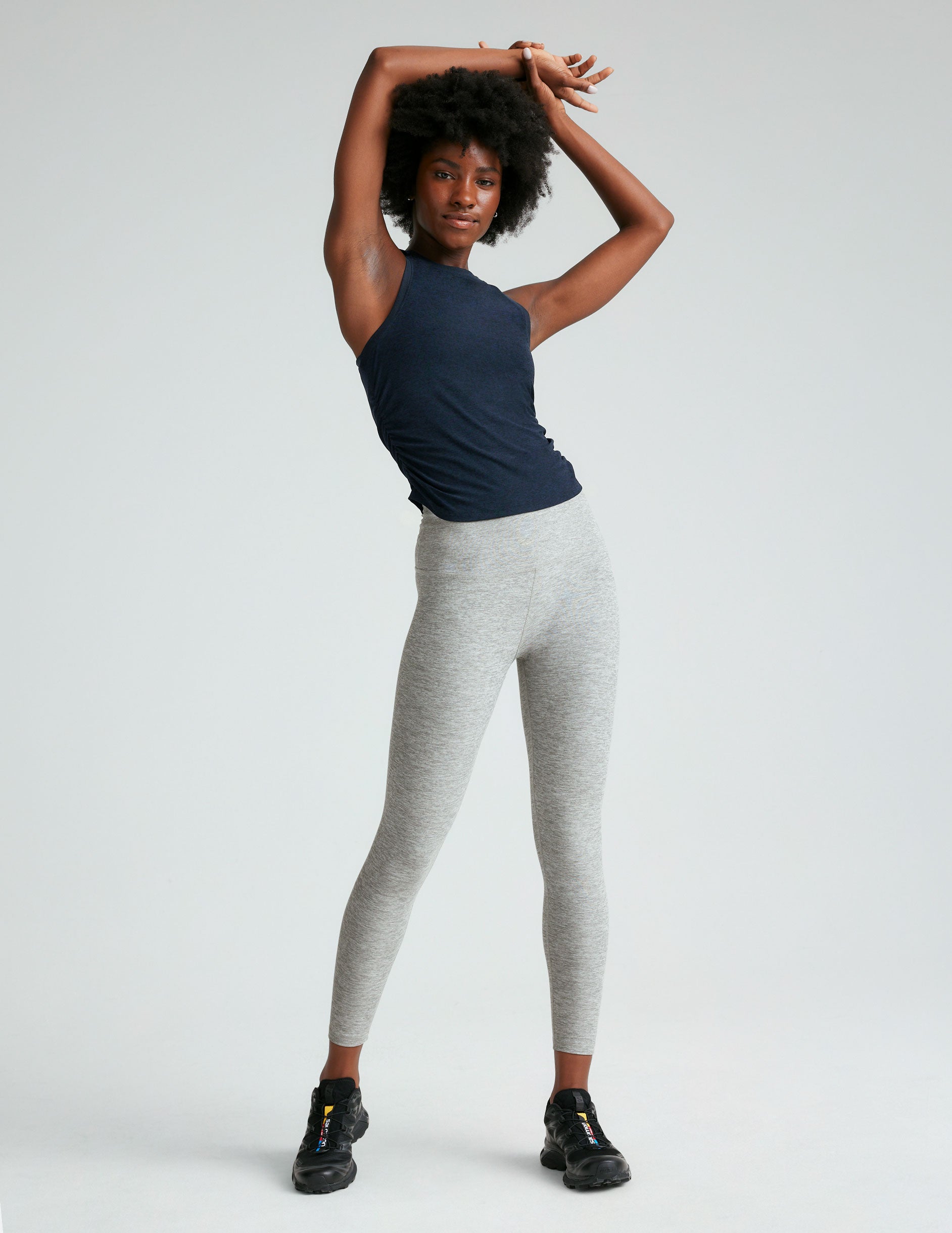 blue scoop neck shirred tank top.