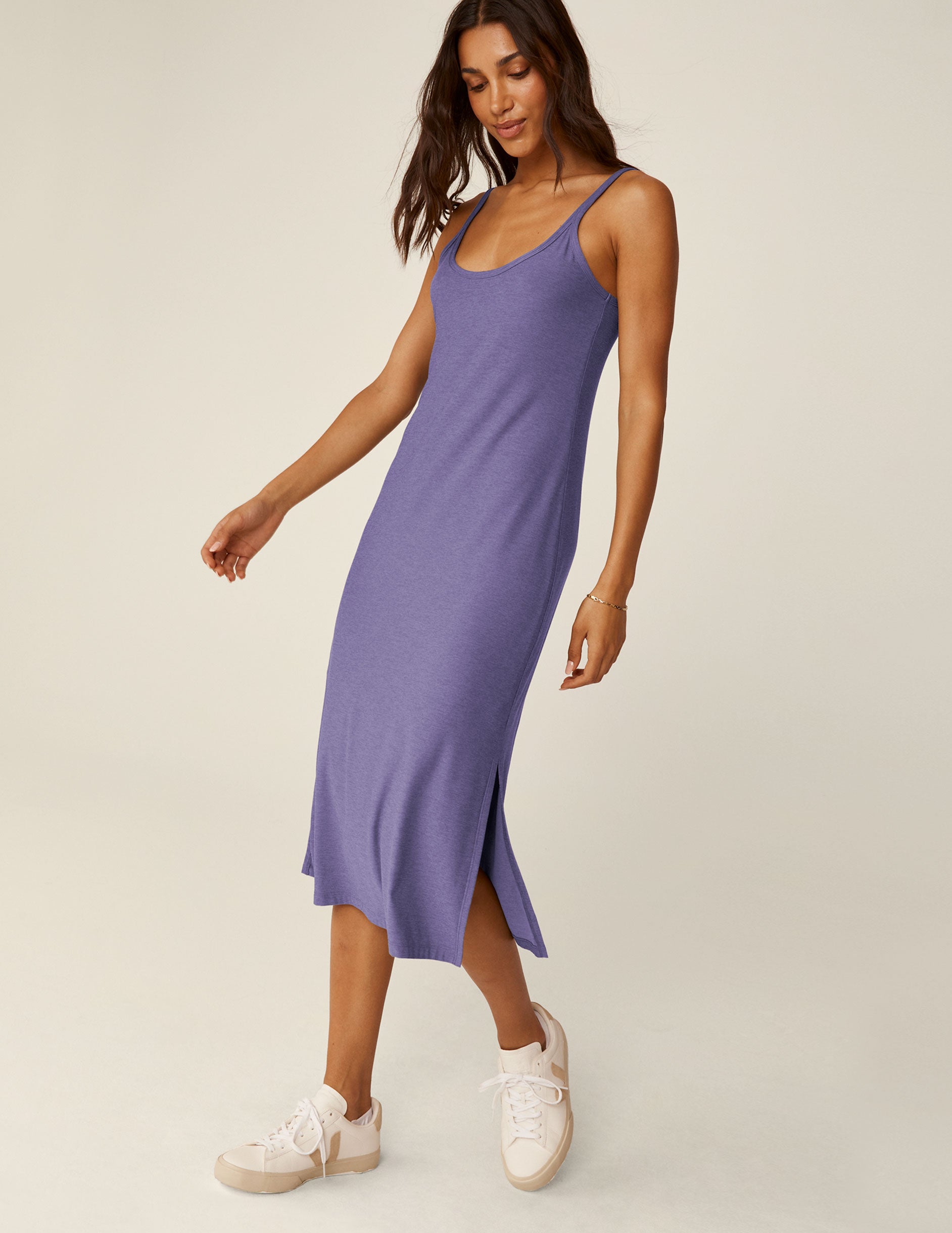 purple scoop neck midi dress with front side slit on each side.