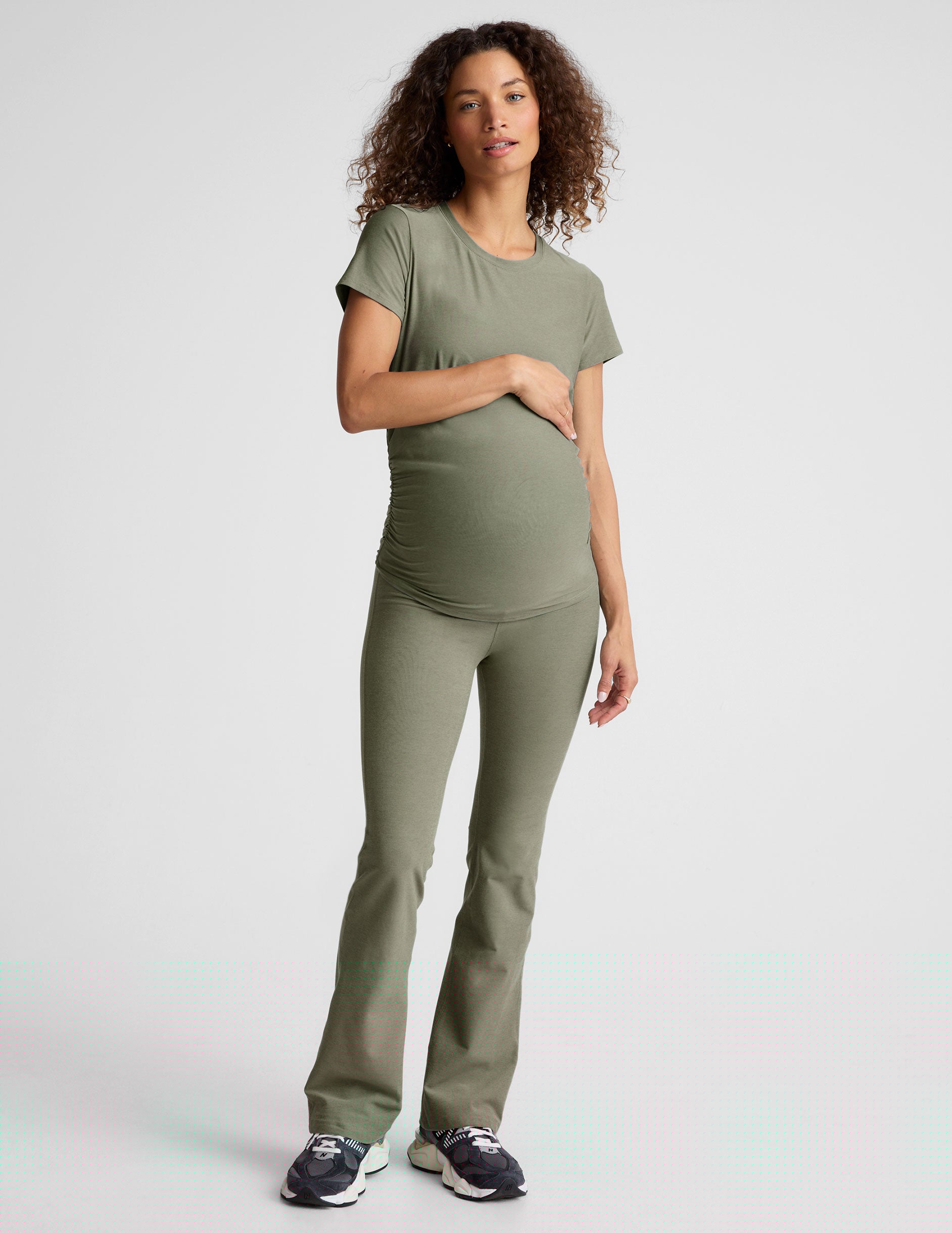 green short sleeve long length maternity t-shirt.