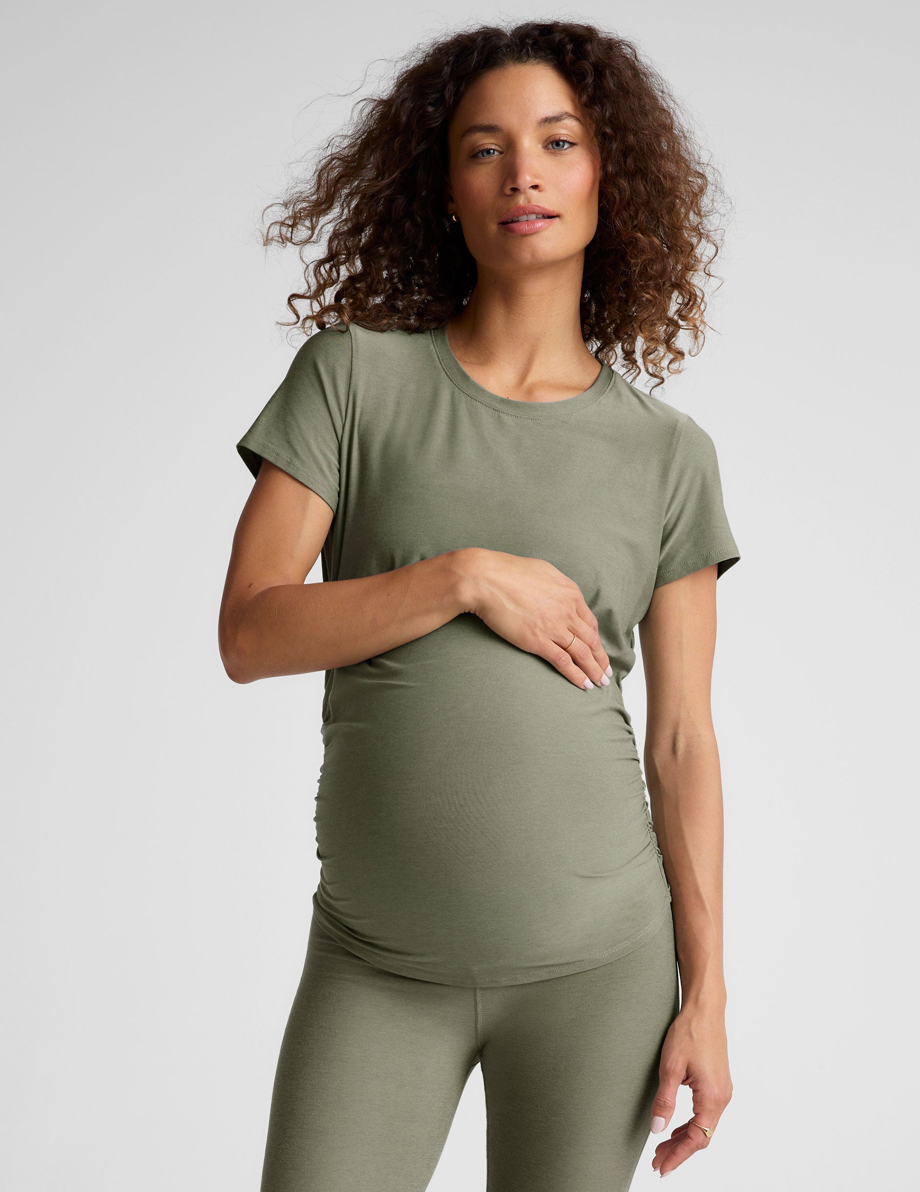 green short sleeve long length maternity t-shirt.