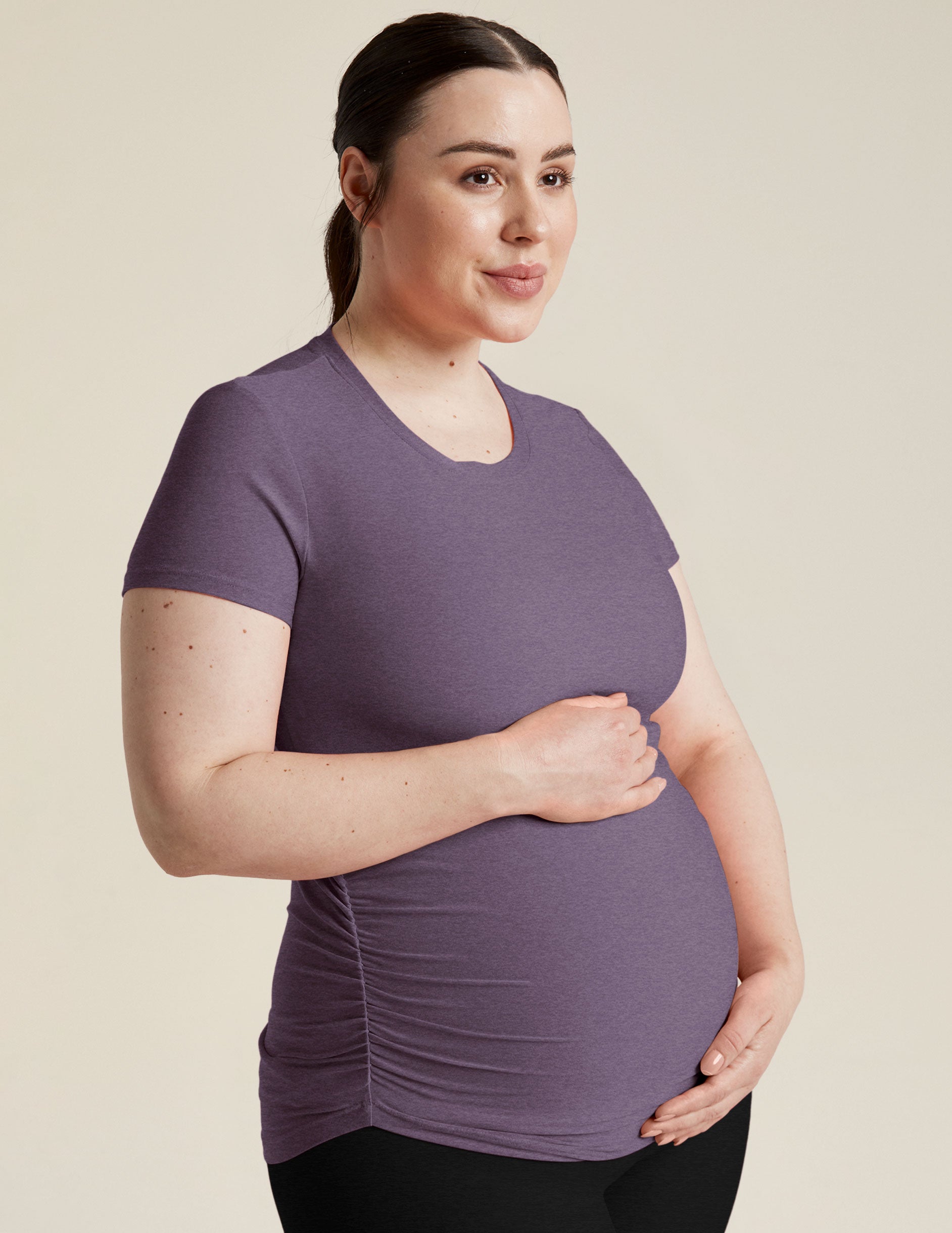 purple maternity short sleeve scoop neck t-shirt.