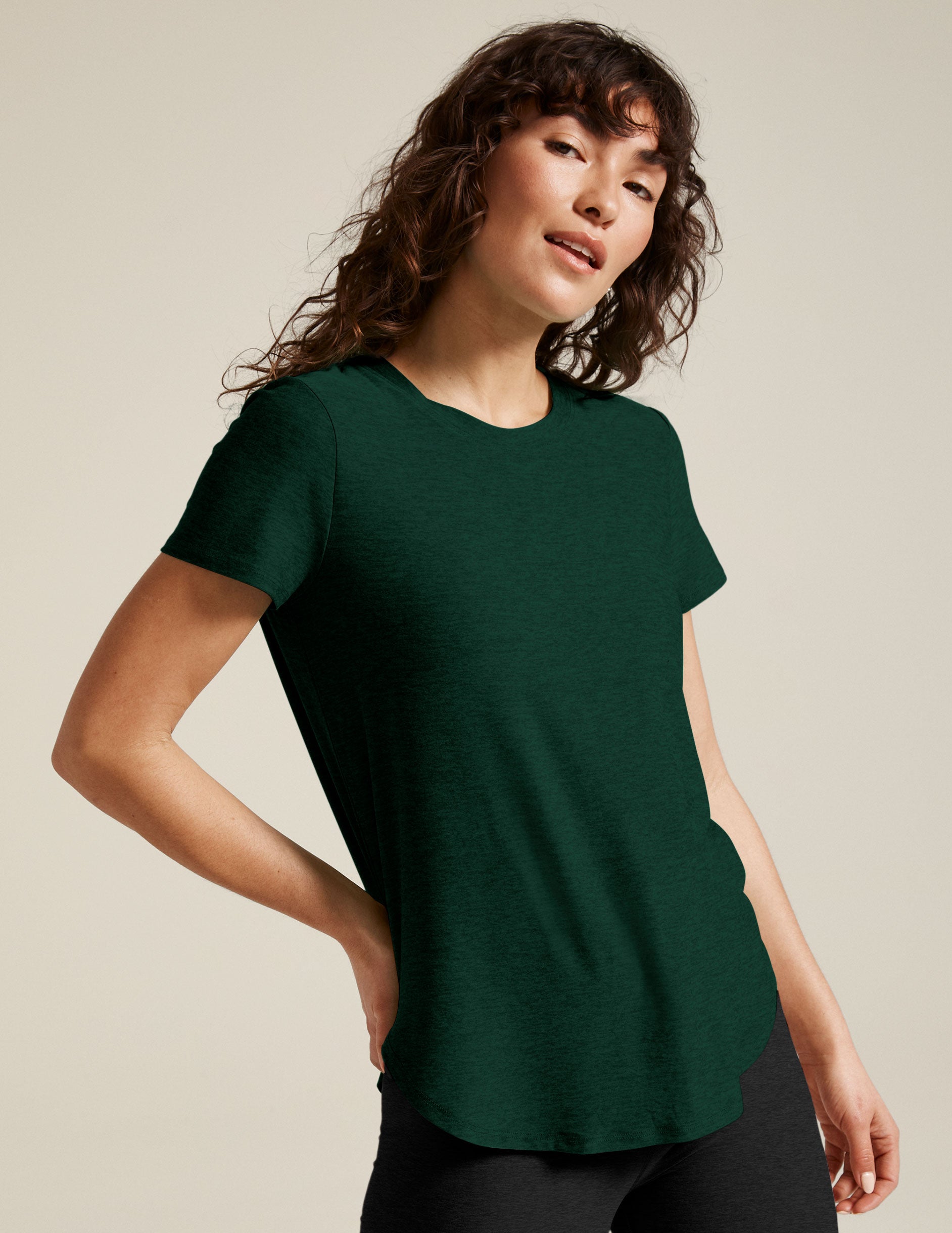 green scoop neck short sleeve t-shirt.