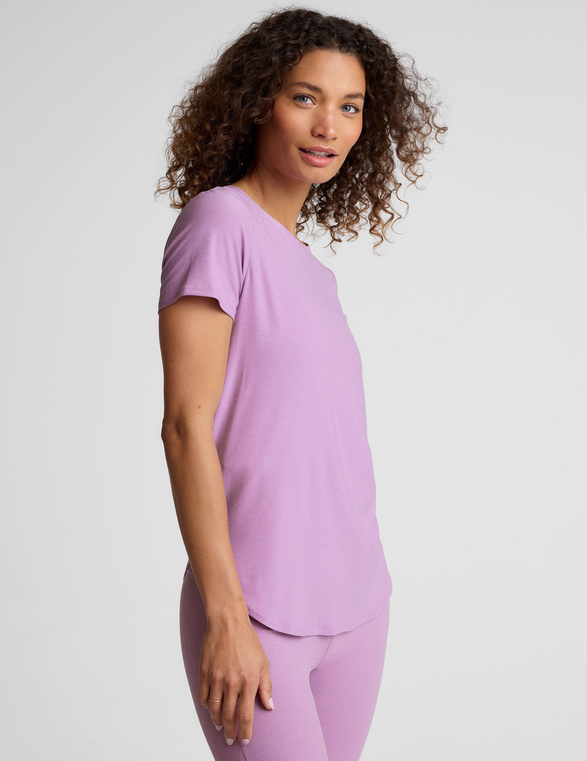 purple scoop neck short sleeve t-shirt.