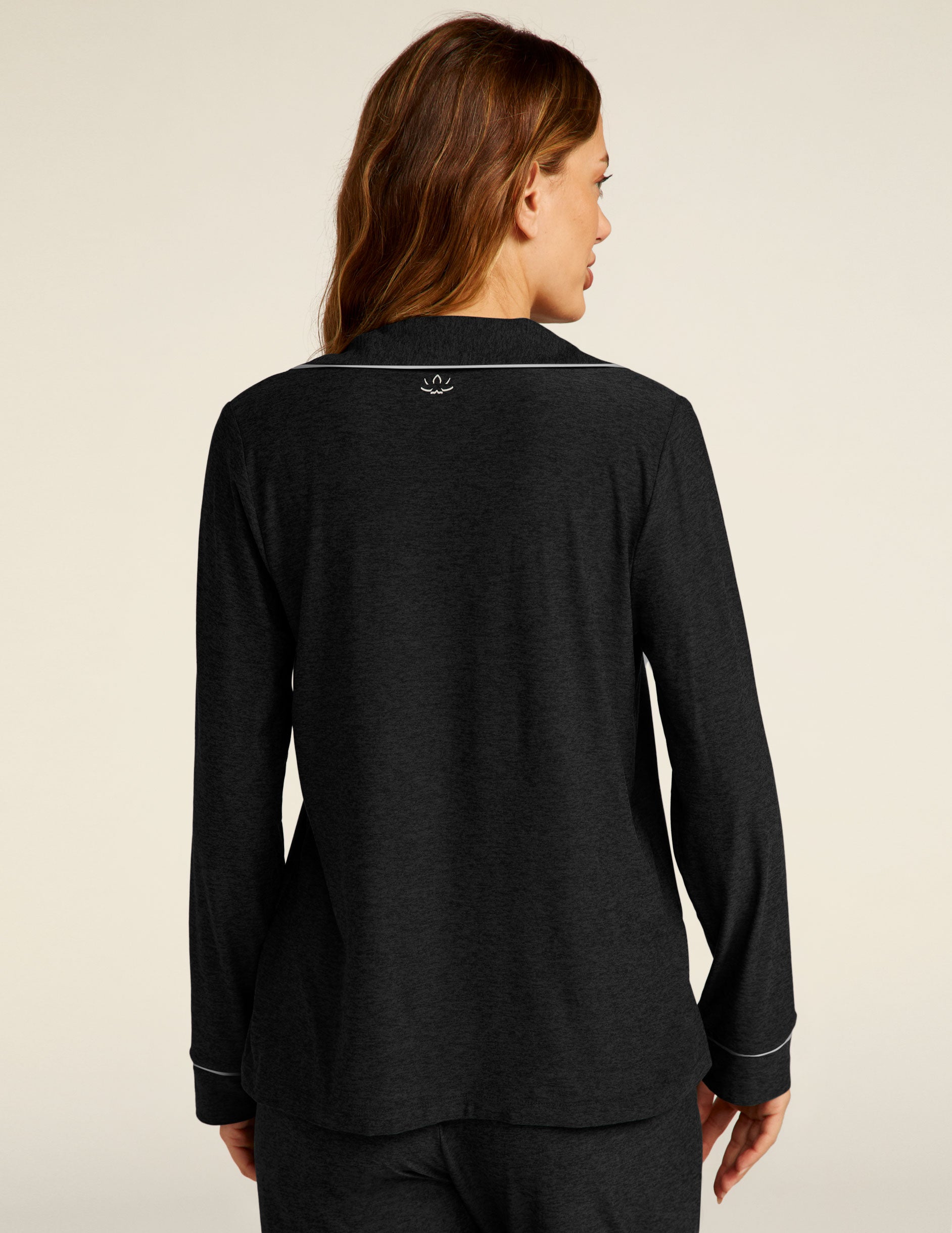 black long sleeve sleep top with white piping.