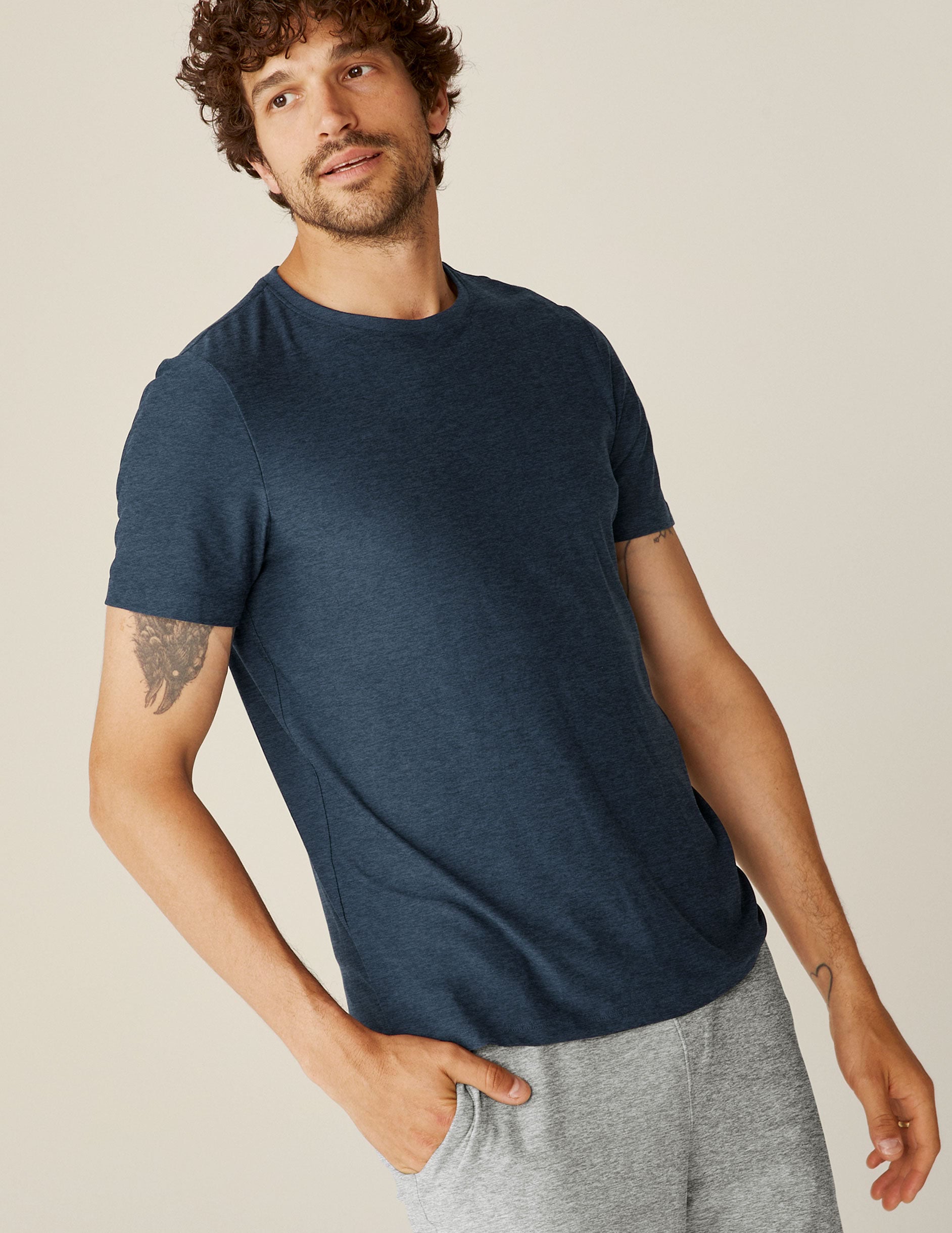 blue men's t-shirt.