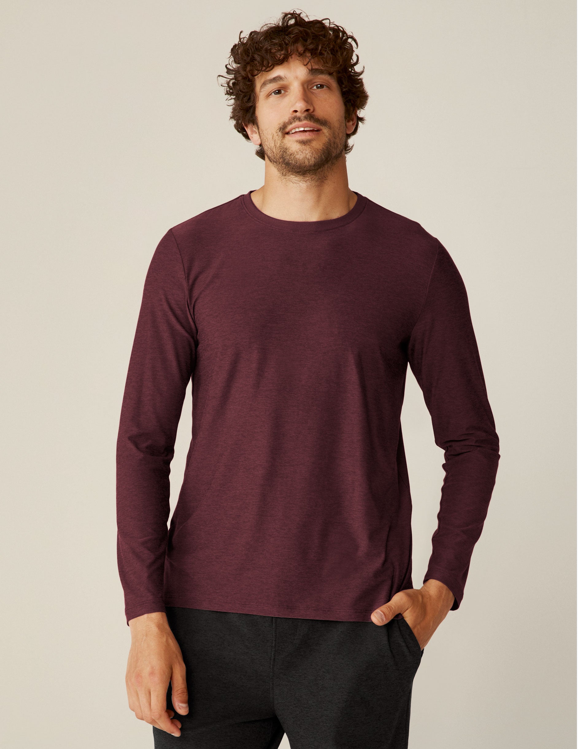 red long sleeve scoop neck mens top.