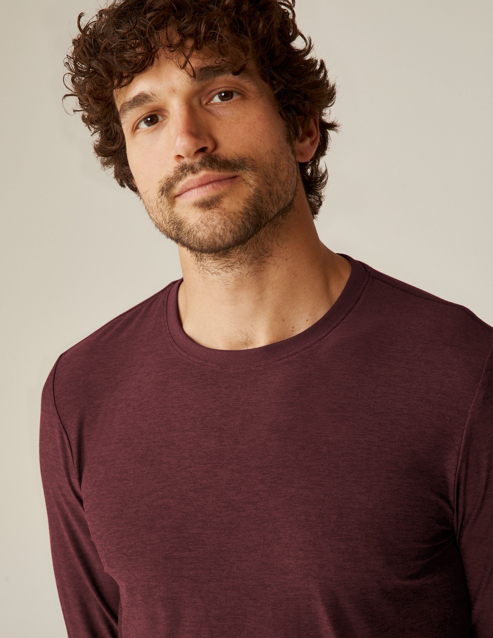 red long sleeve scoop neck mens top.