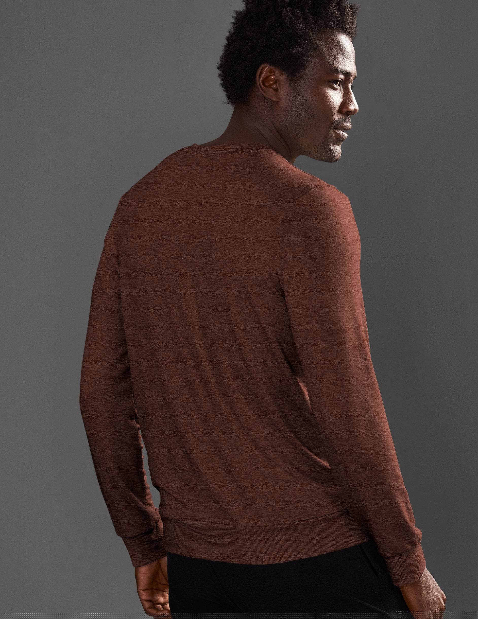 brown men's long sleeve scoop neck pullover.