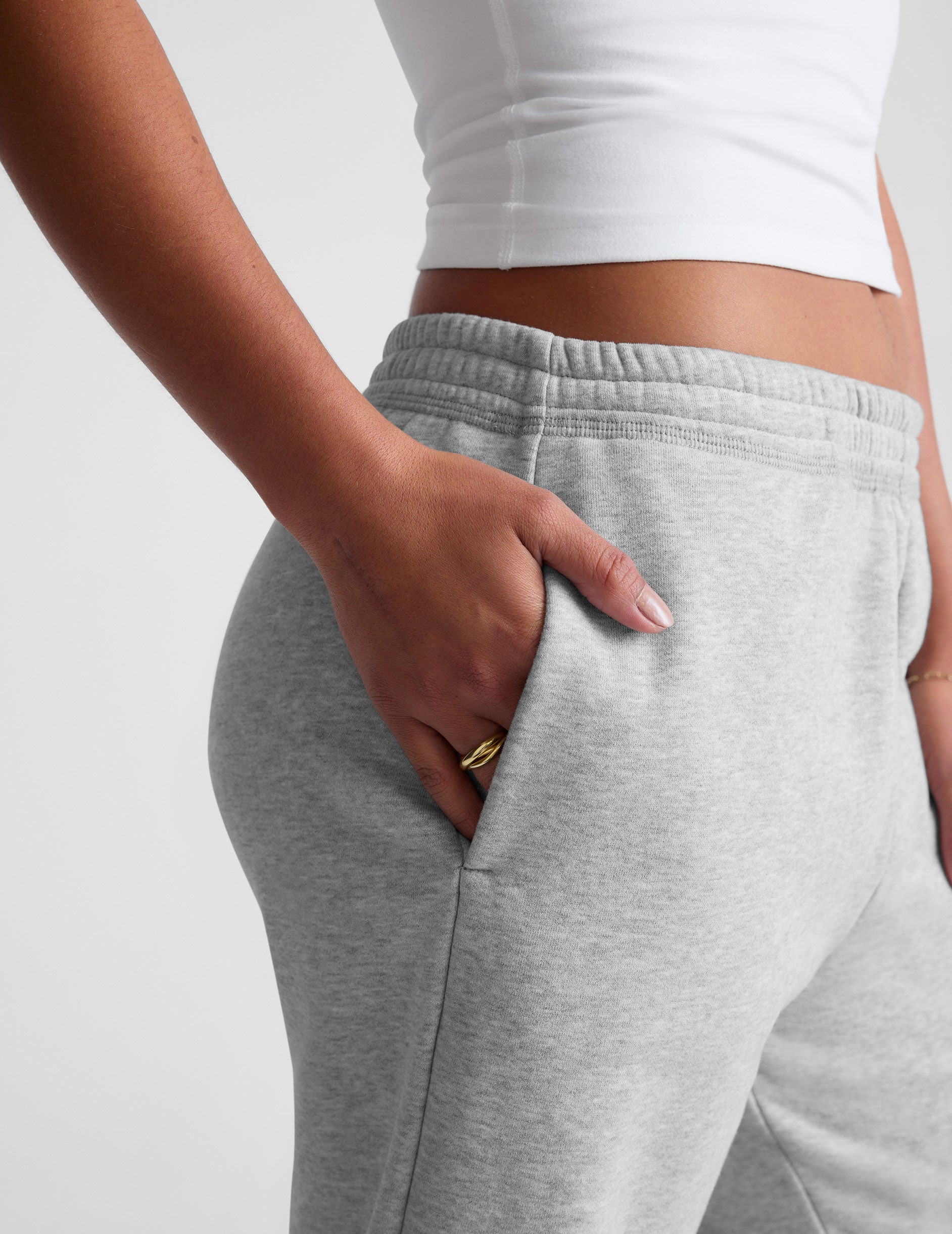 gray midi fleece joggers with pockets.