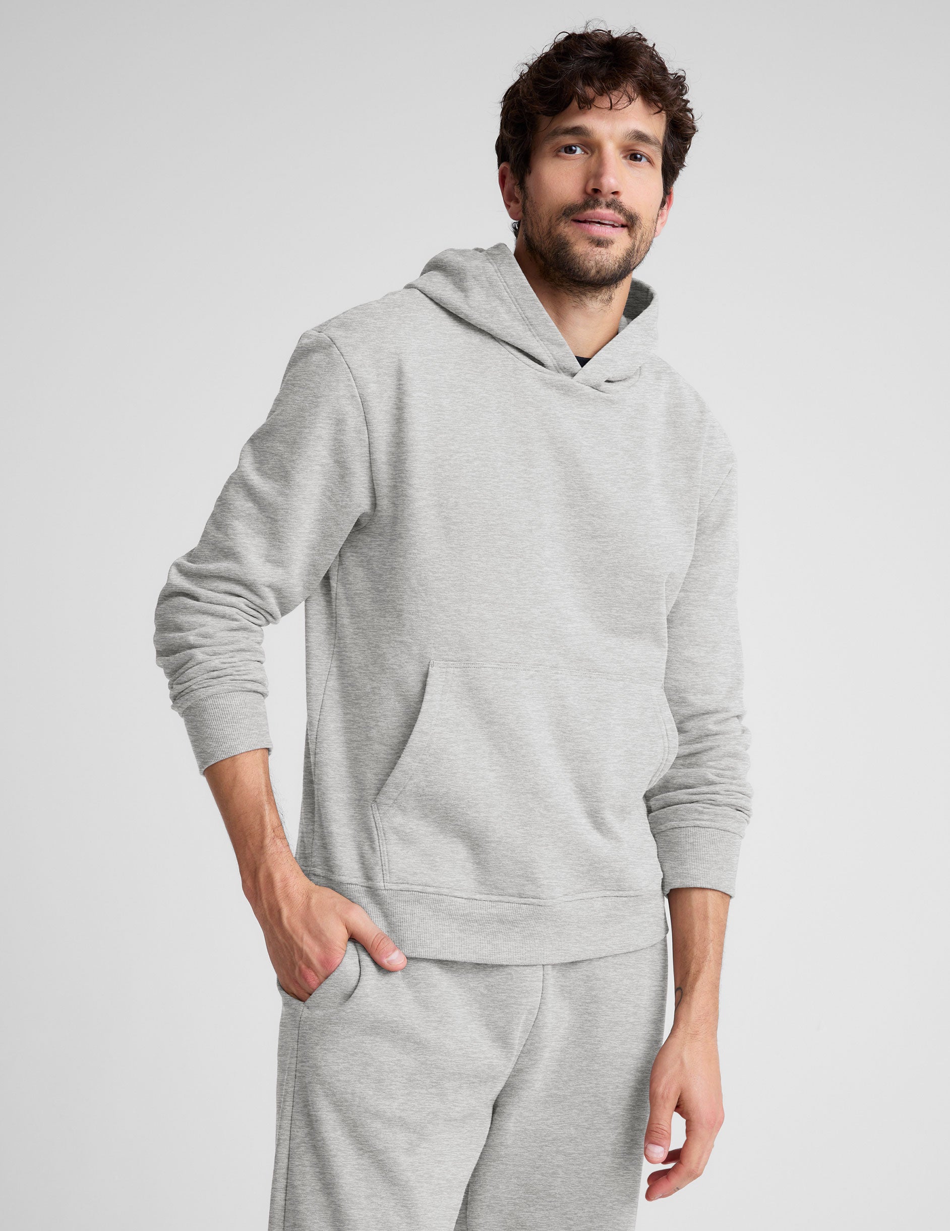 gray hoodie jacket with a kangaroo pocket.