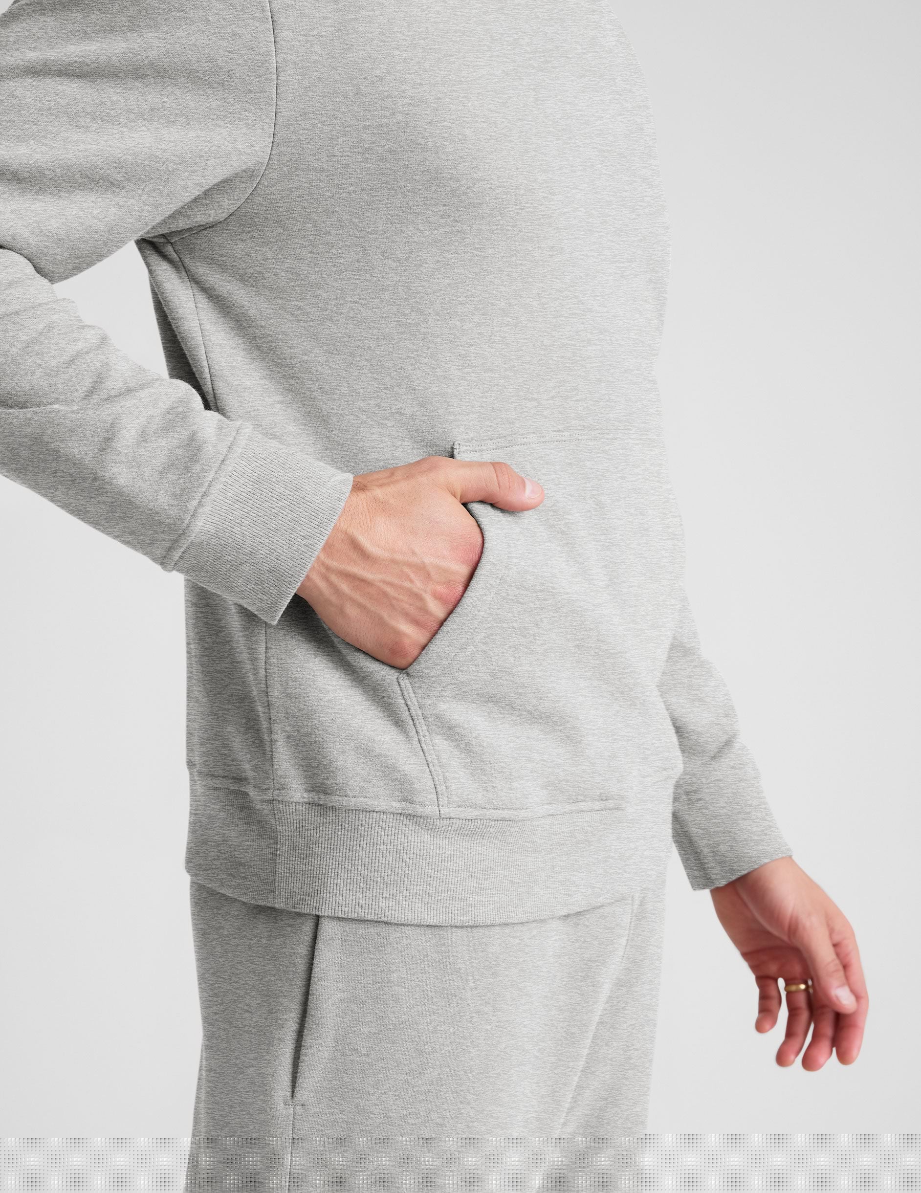 gray hoodie jacket with a kangaroo pocket.