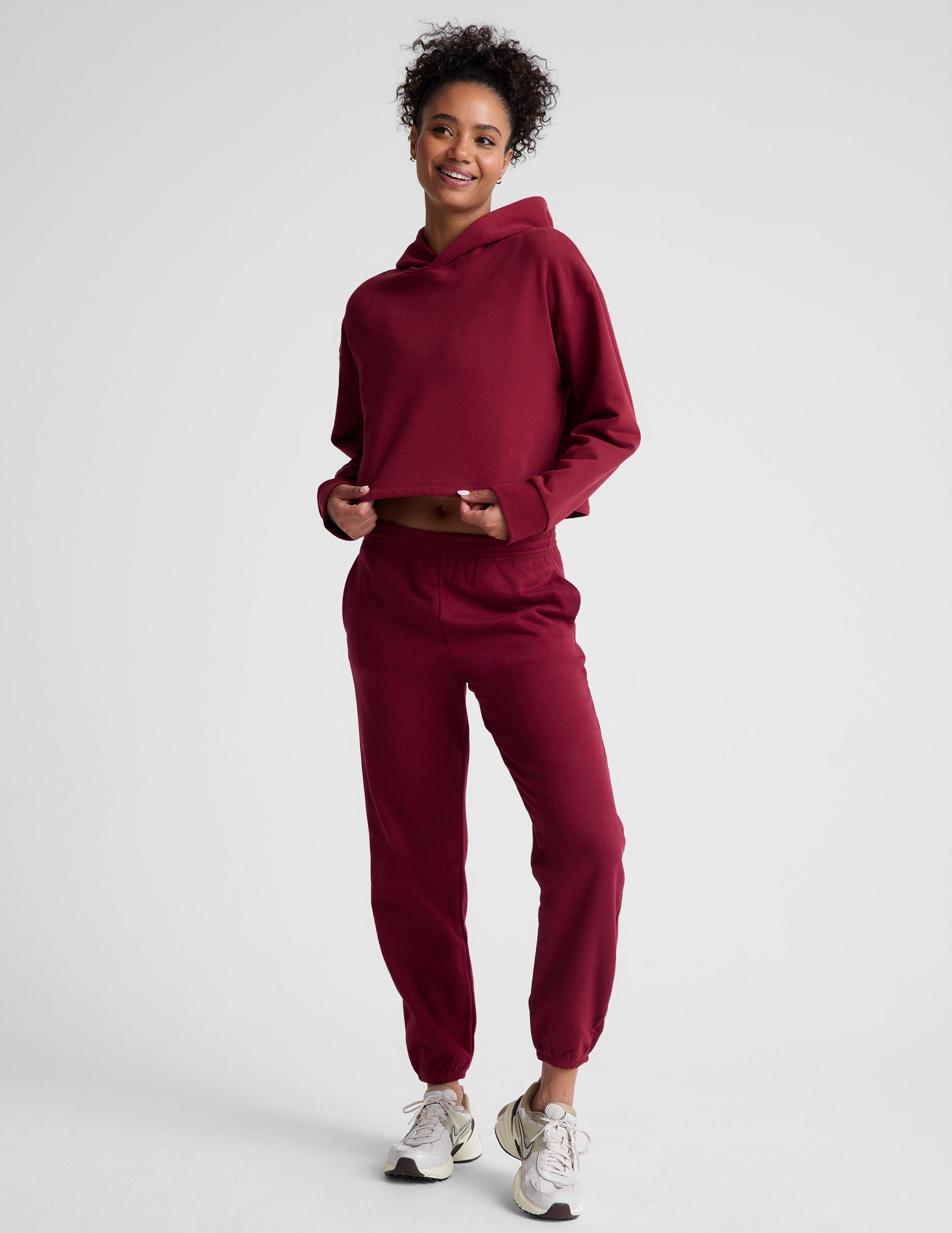 red cropped fleece hoodie.