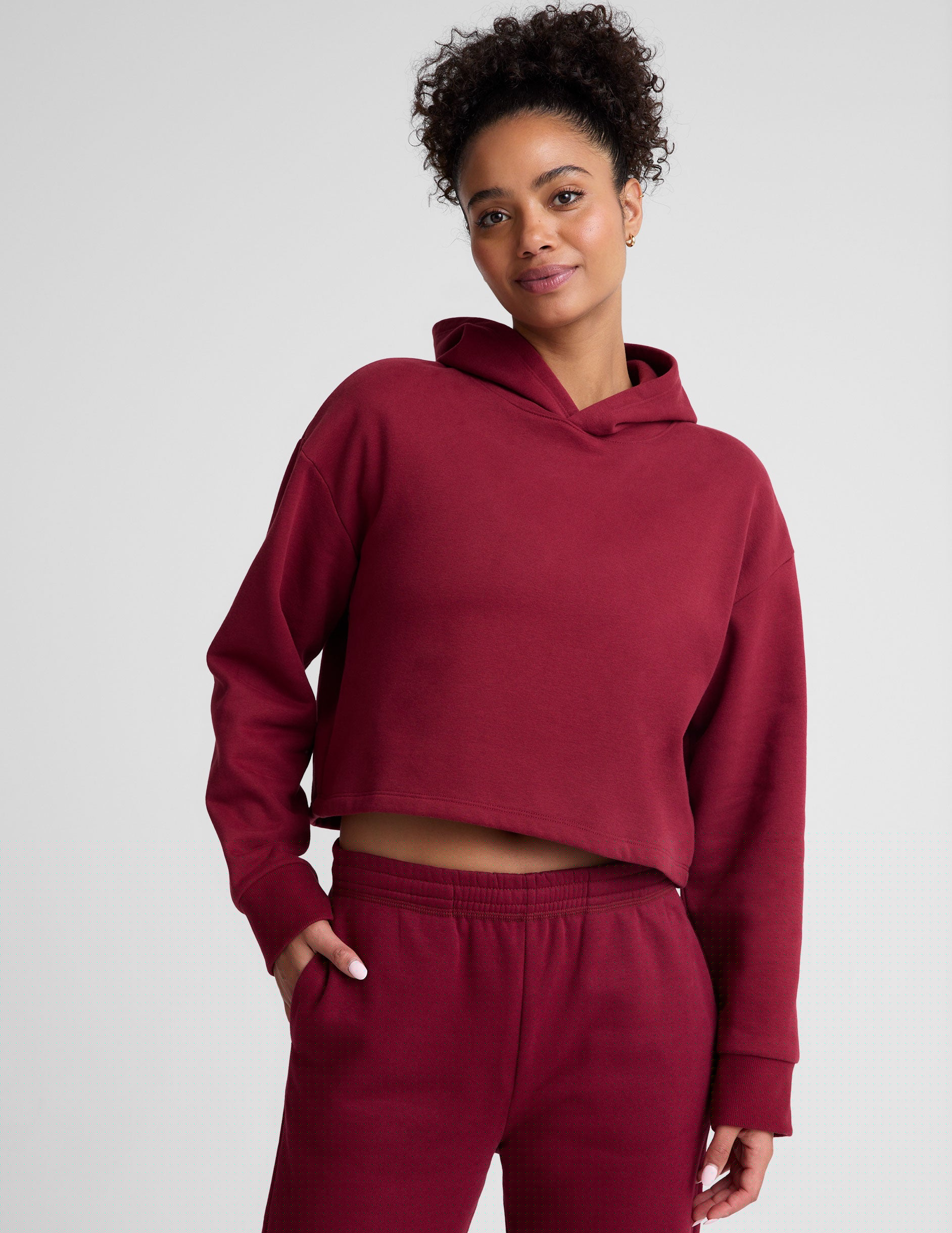 red cropped fleece hoodie.