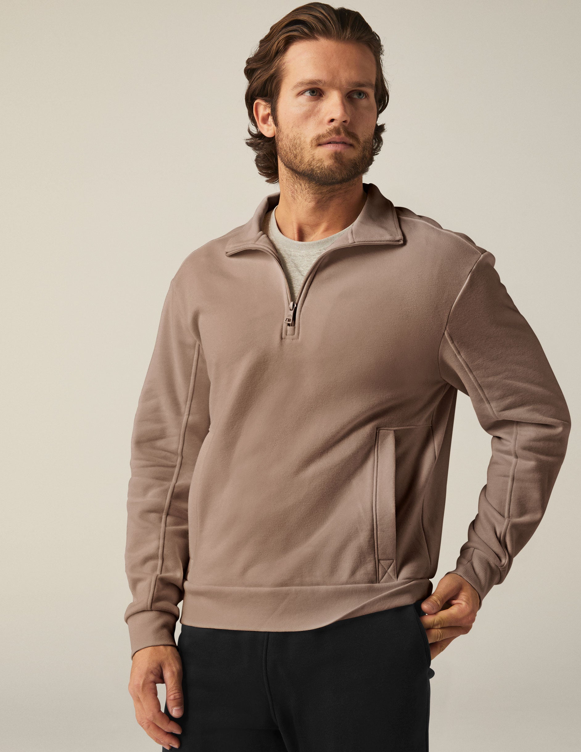 brown half zip jacket with pockets