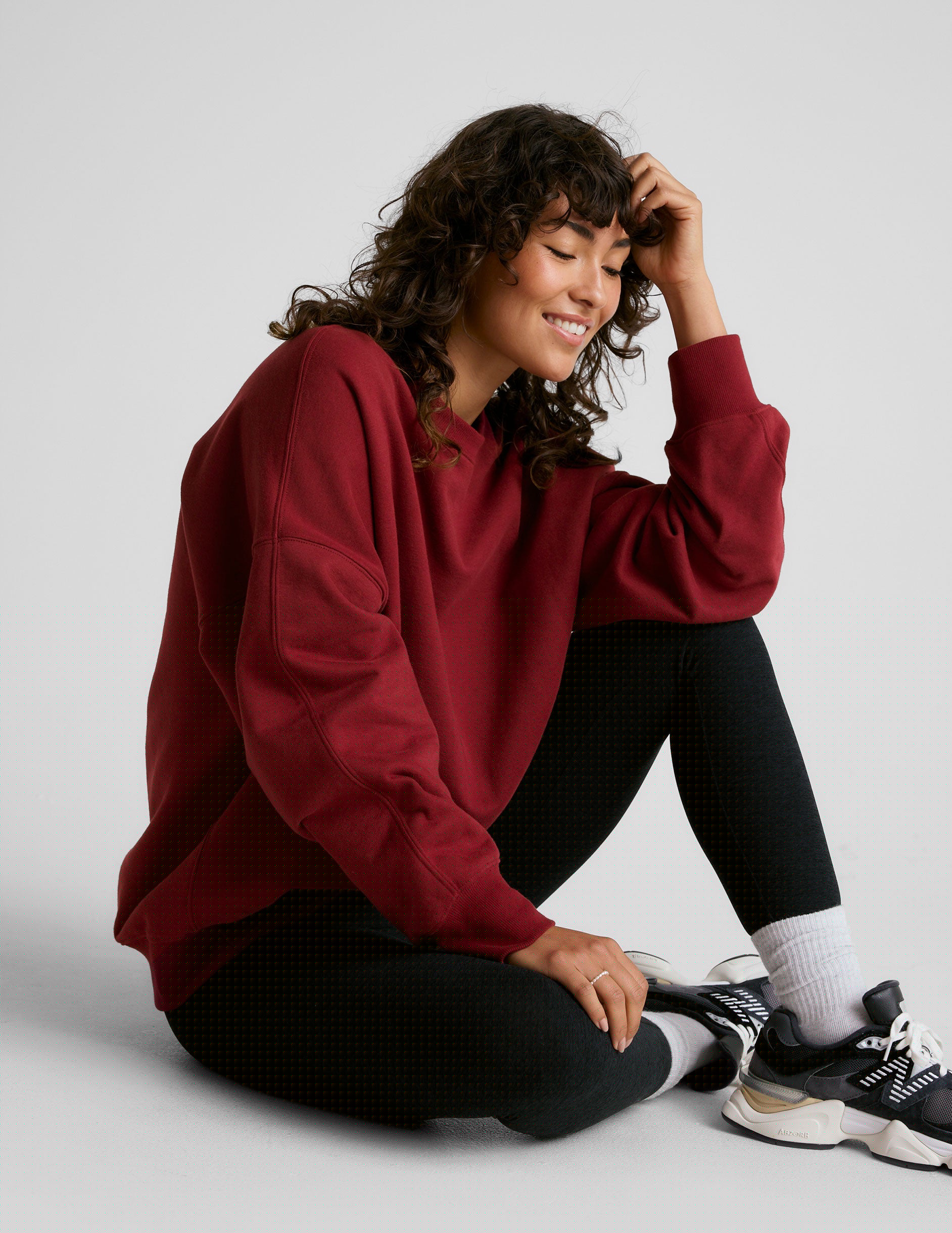 red crew neck sweatshirt.