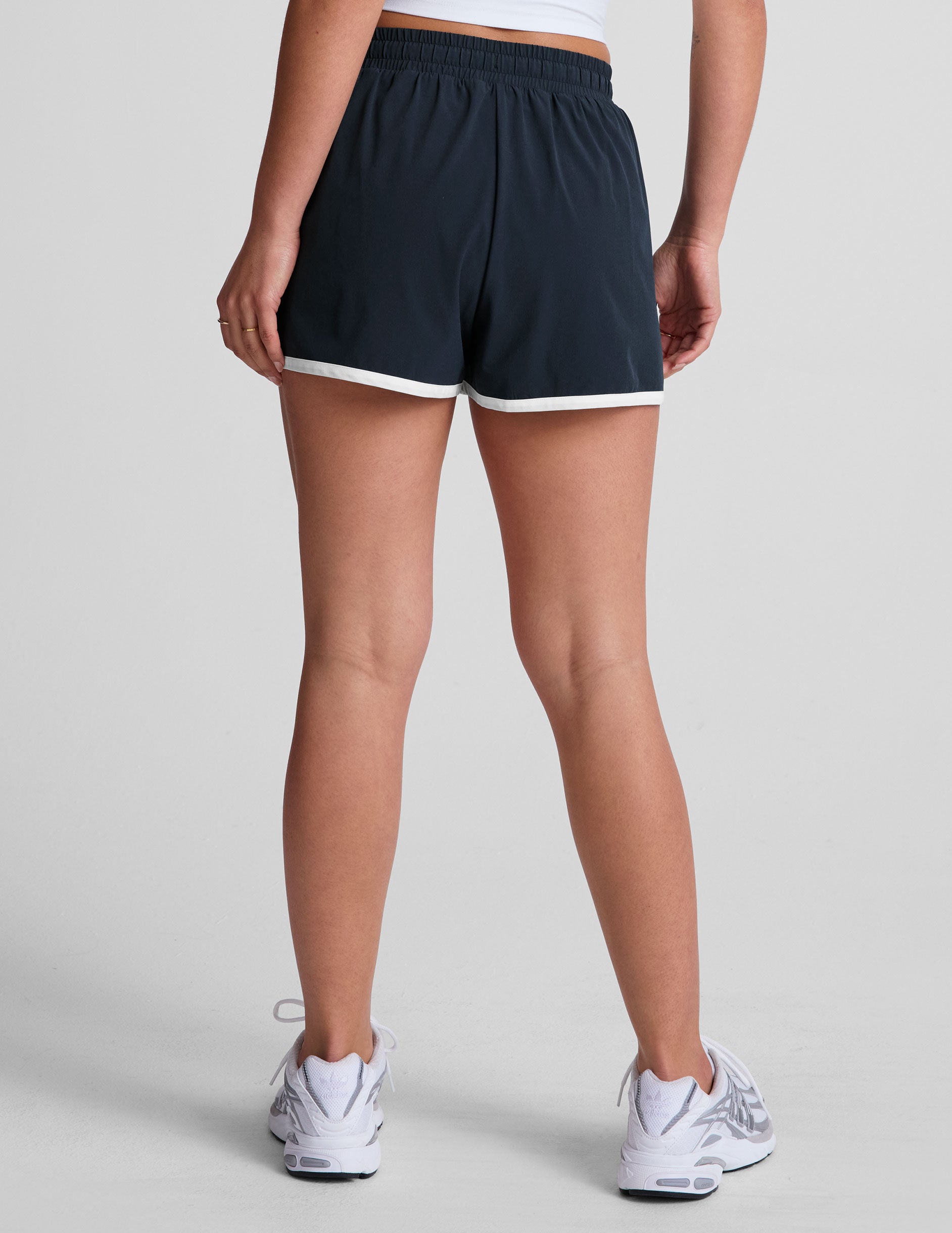 blue 2.5" inseam shorts with a drawcord at waistband and an interior lining.