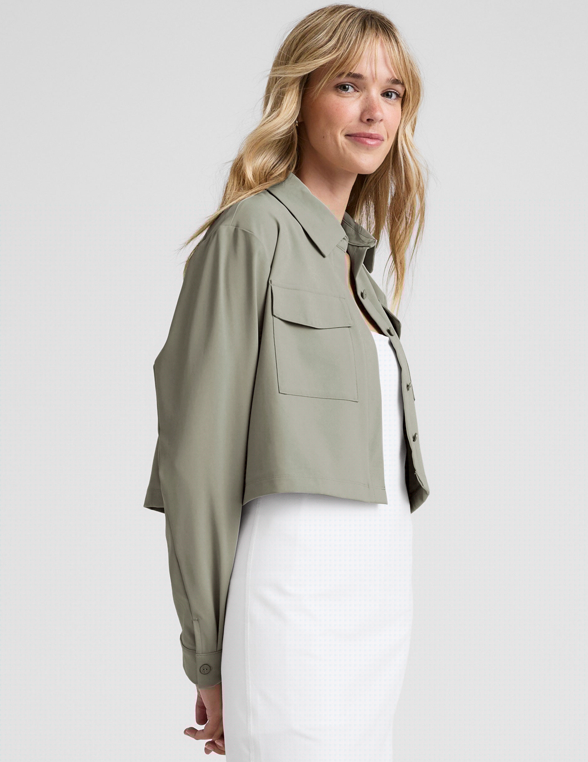 green button down cropped jacket.