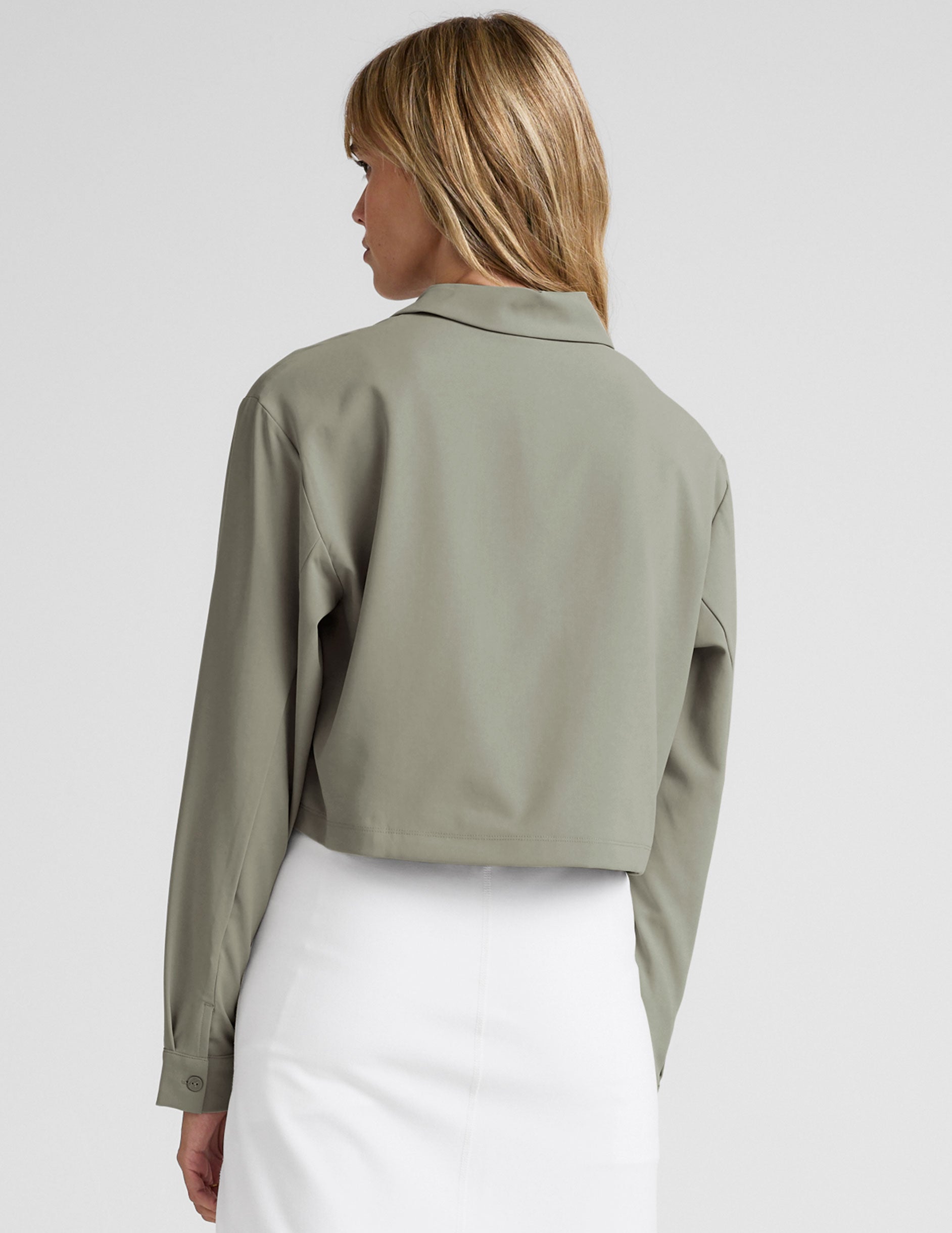 green button down cropped jacket.