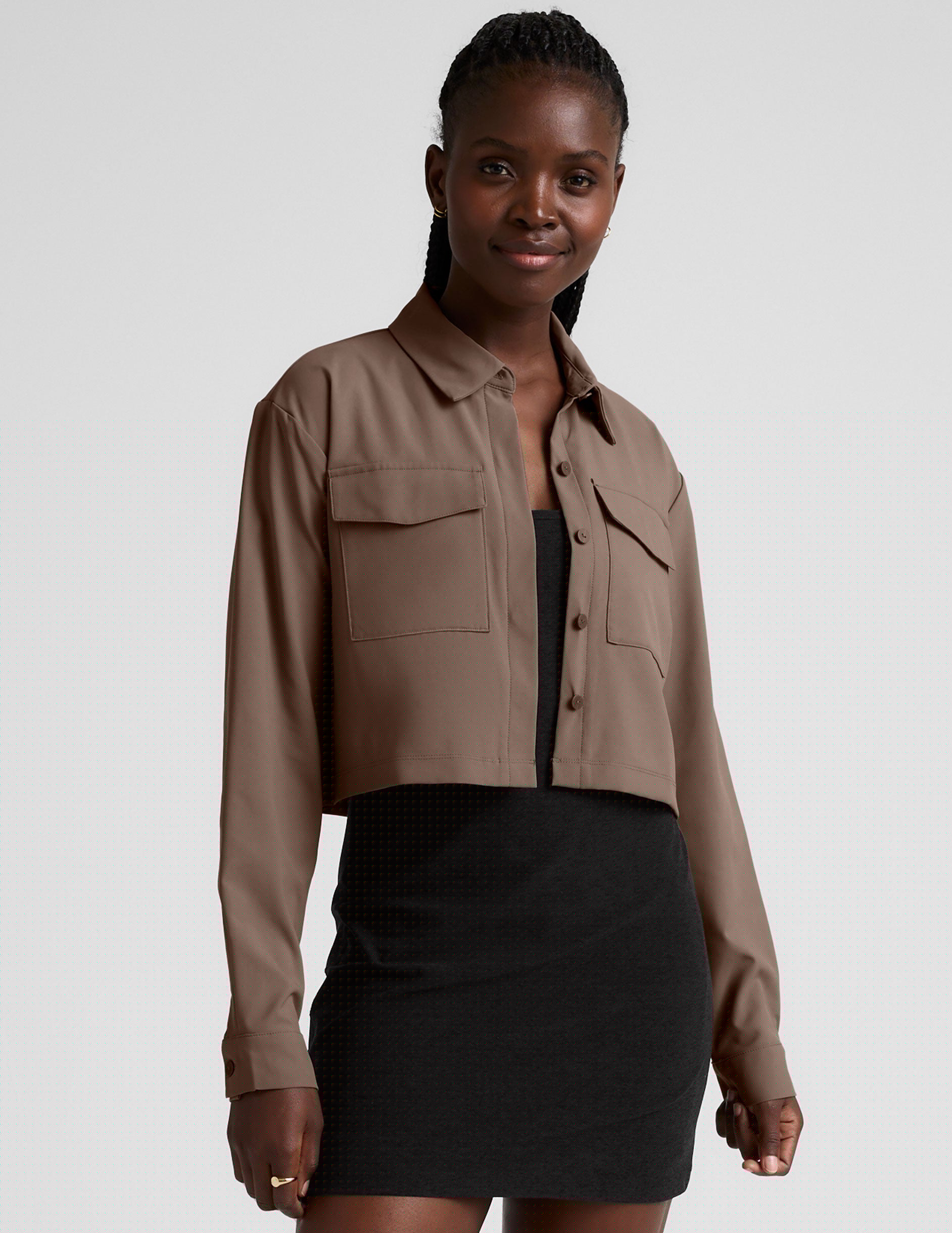 brown button down cropped jacket.