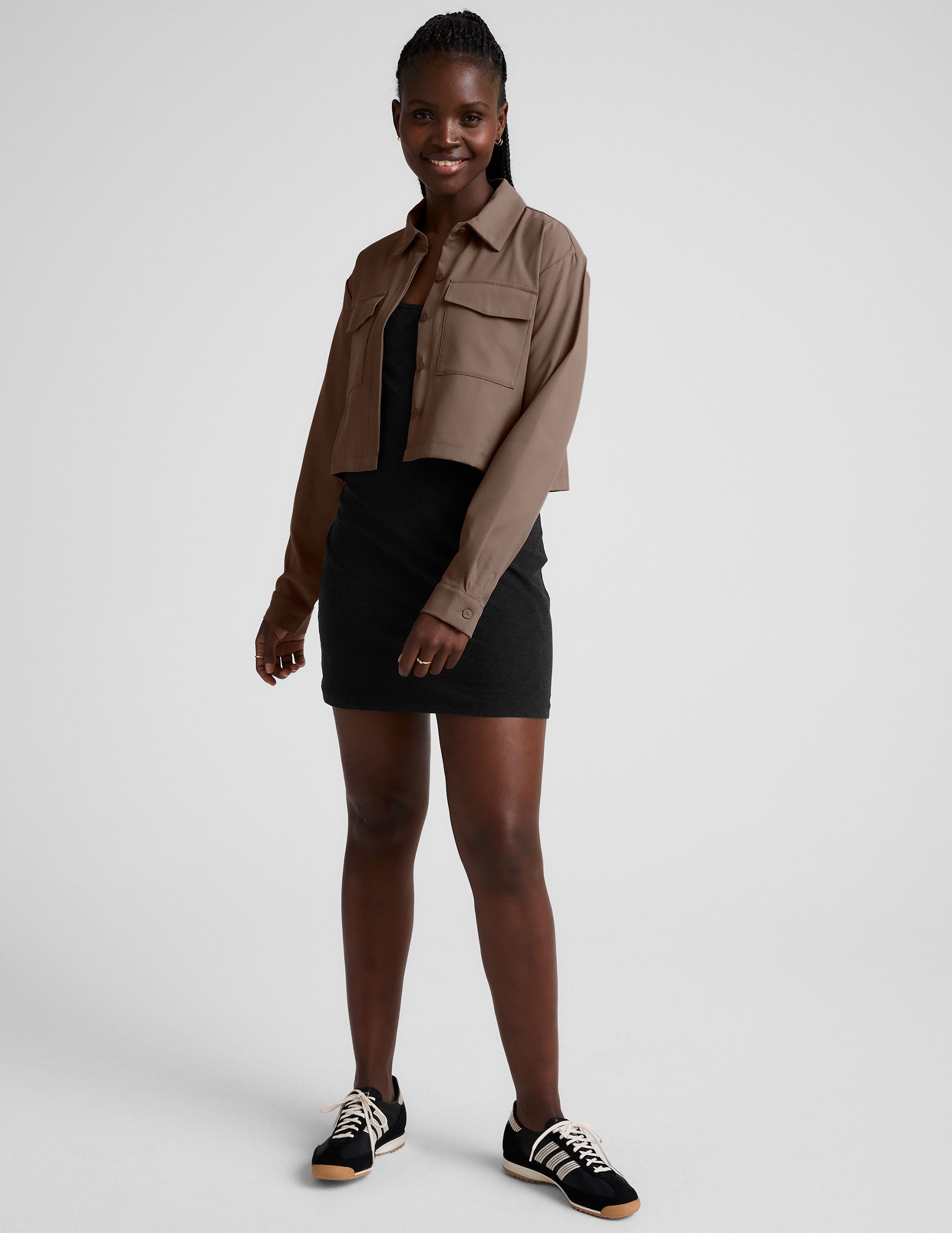 brown button down cropped jacket.