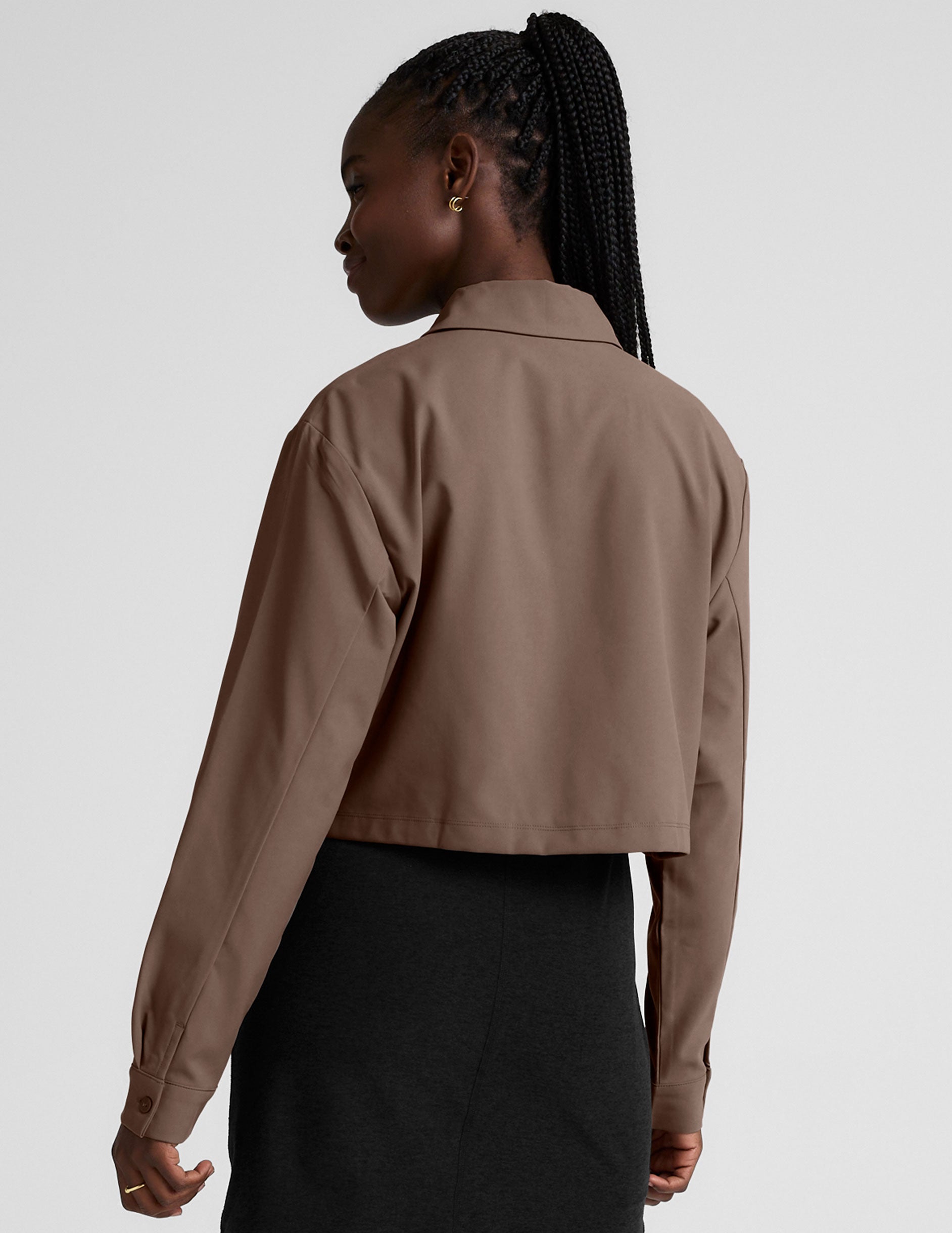 brown button down cropped jacket.