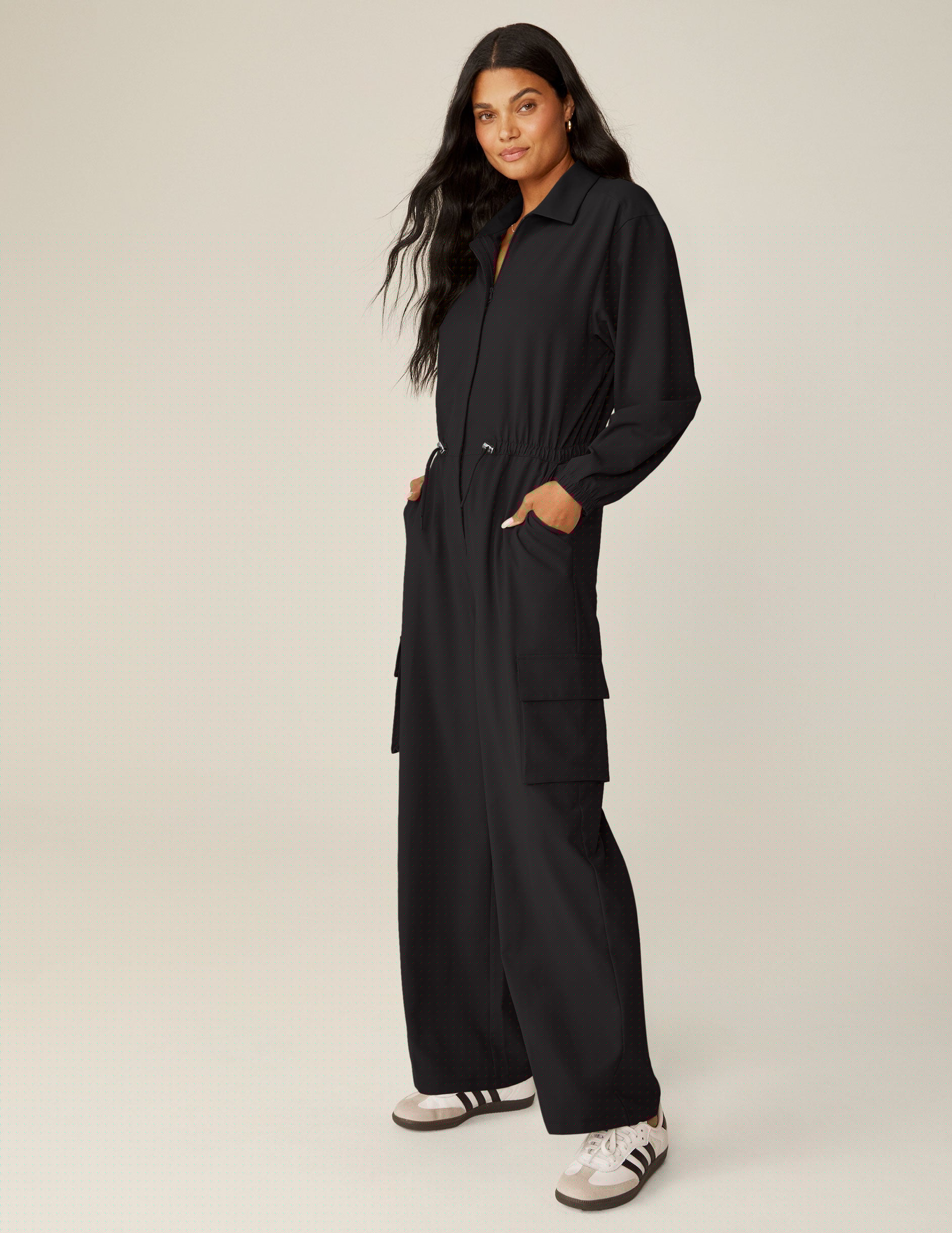black cargo style long sleeve jumpsuit.