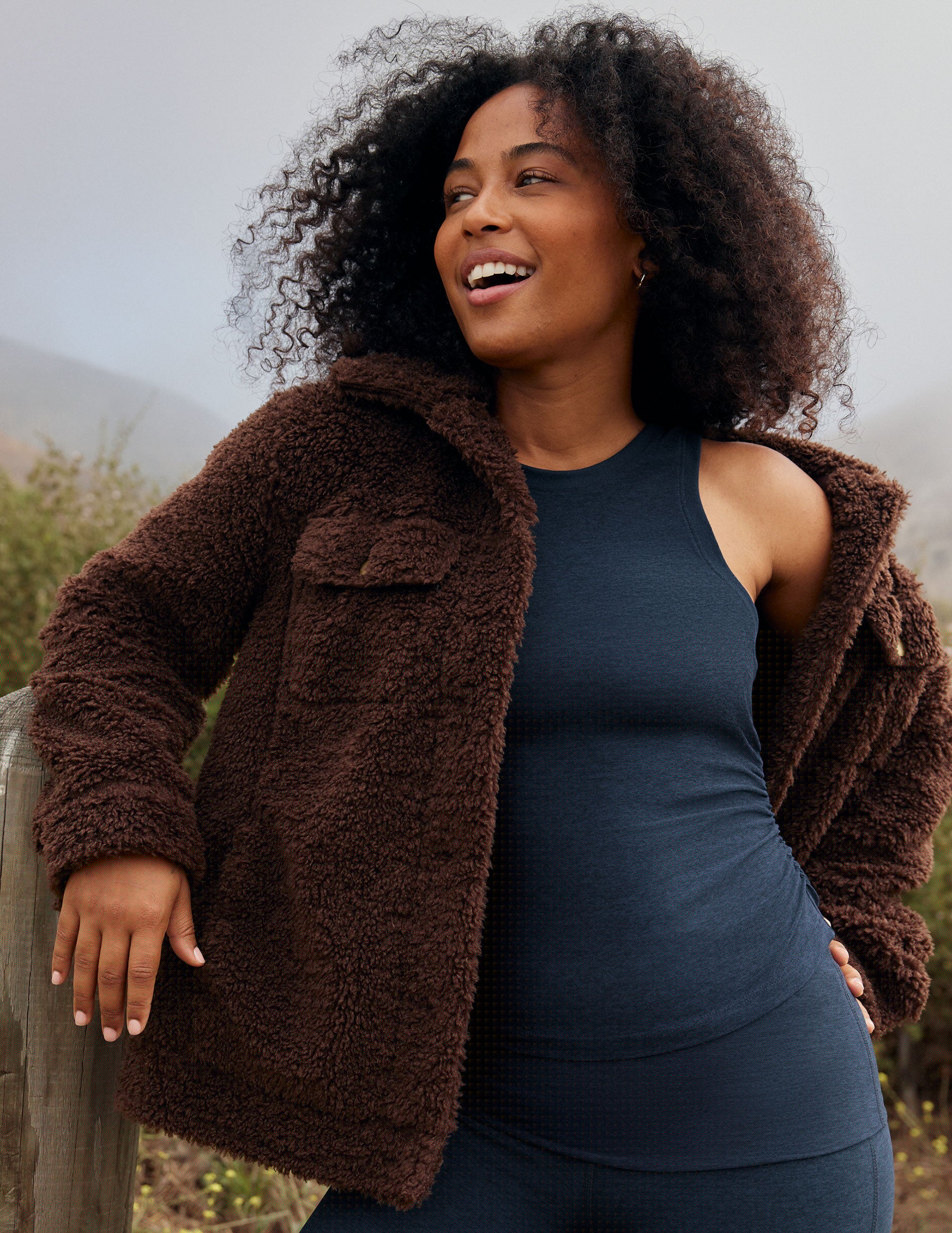 brown button up faux sherpa jacket.