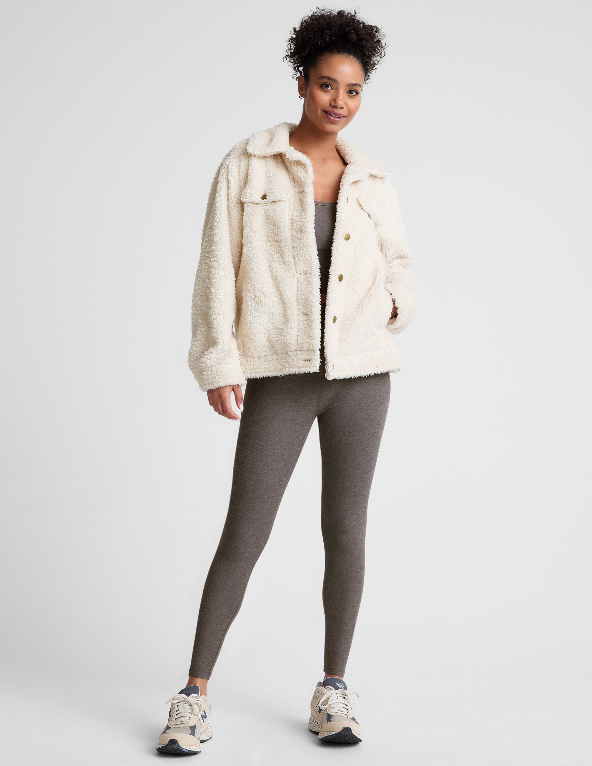 white button up faux sherpa jacket with pockets.