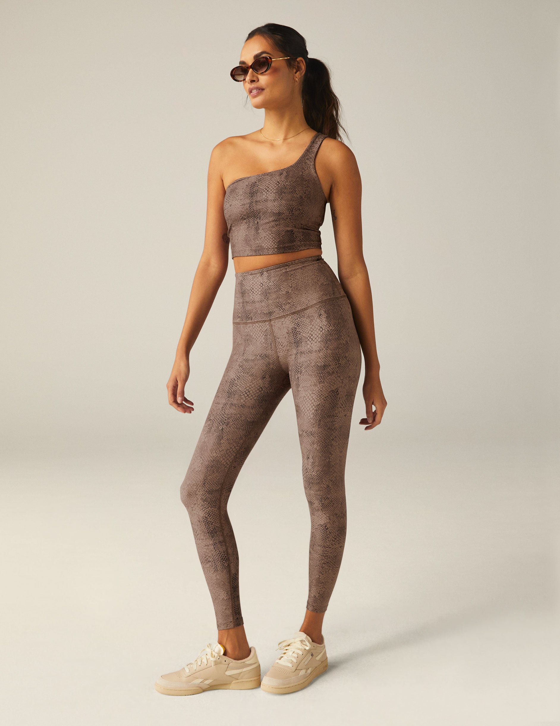 brown faux snakeskin print one shoulder cropped tank top.