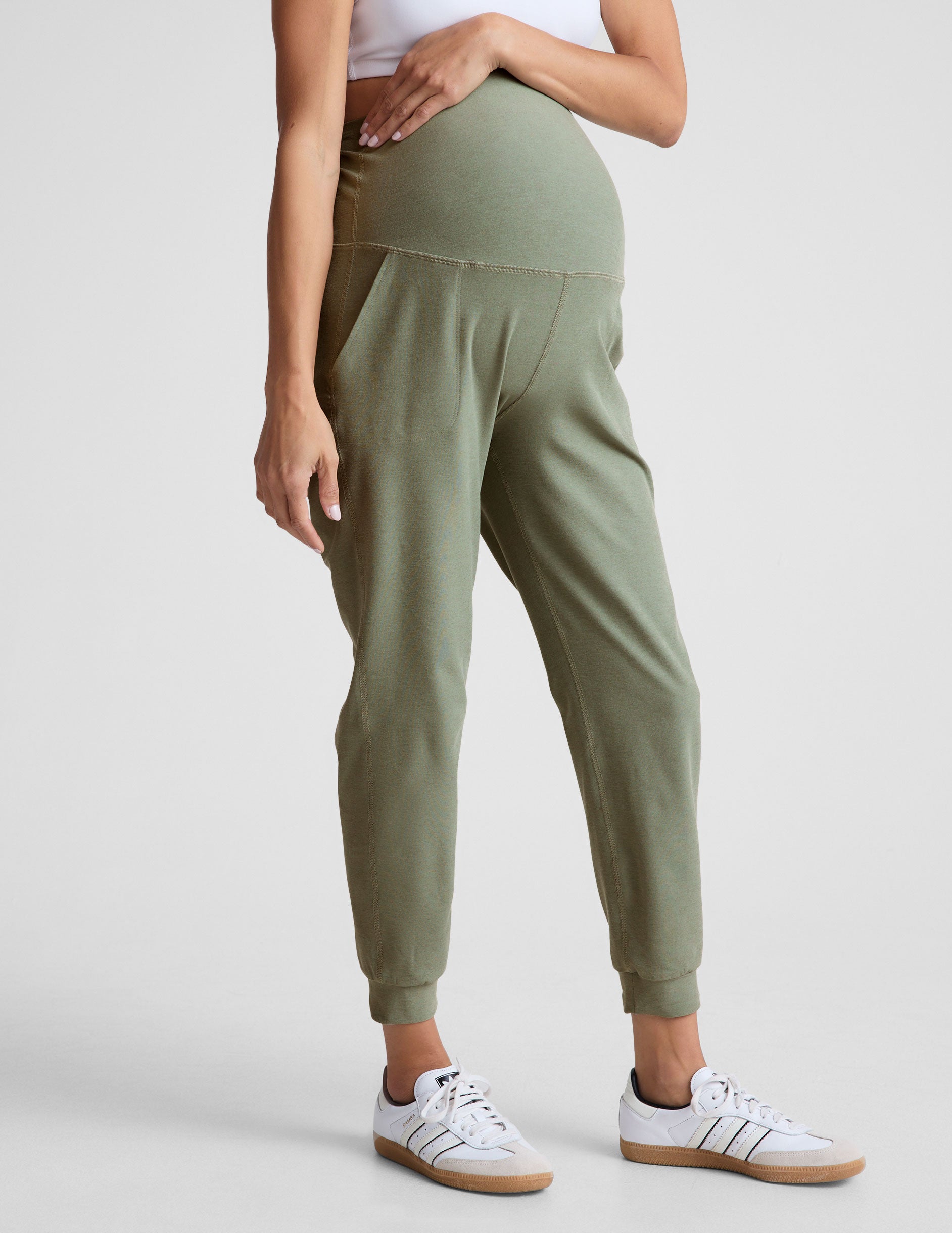 green maternity joggers with pockets.
