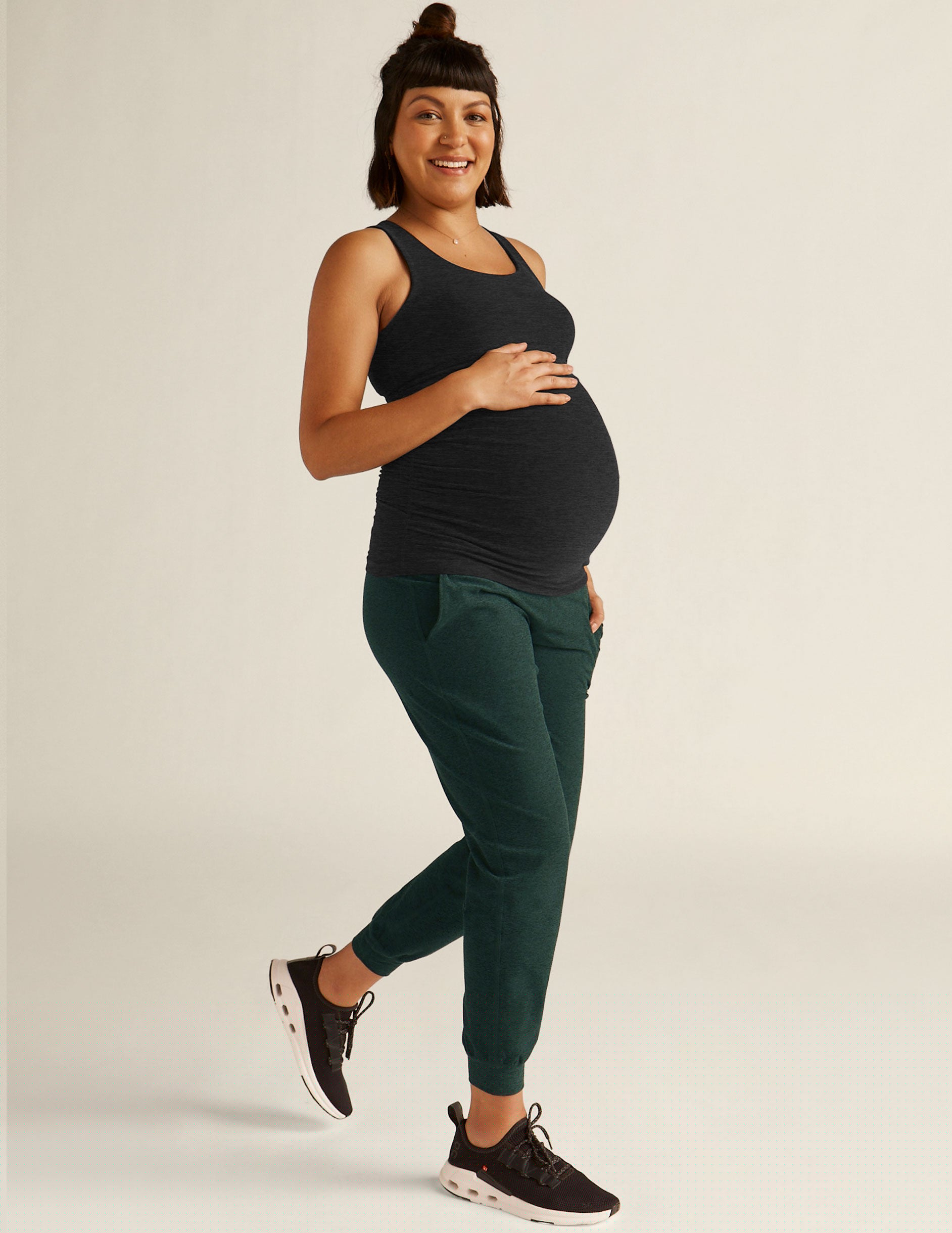 green maternity midi joggers with pockets.