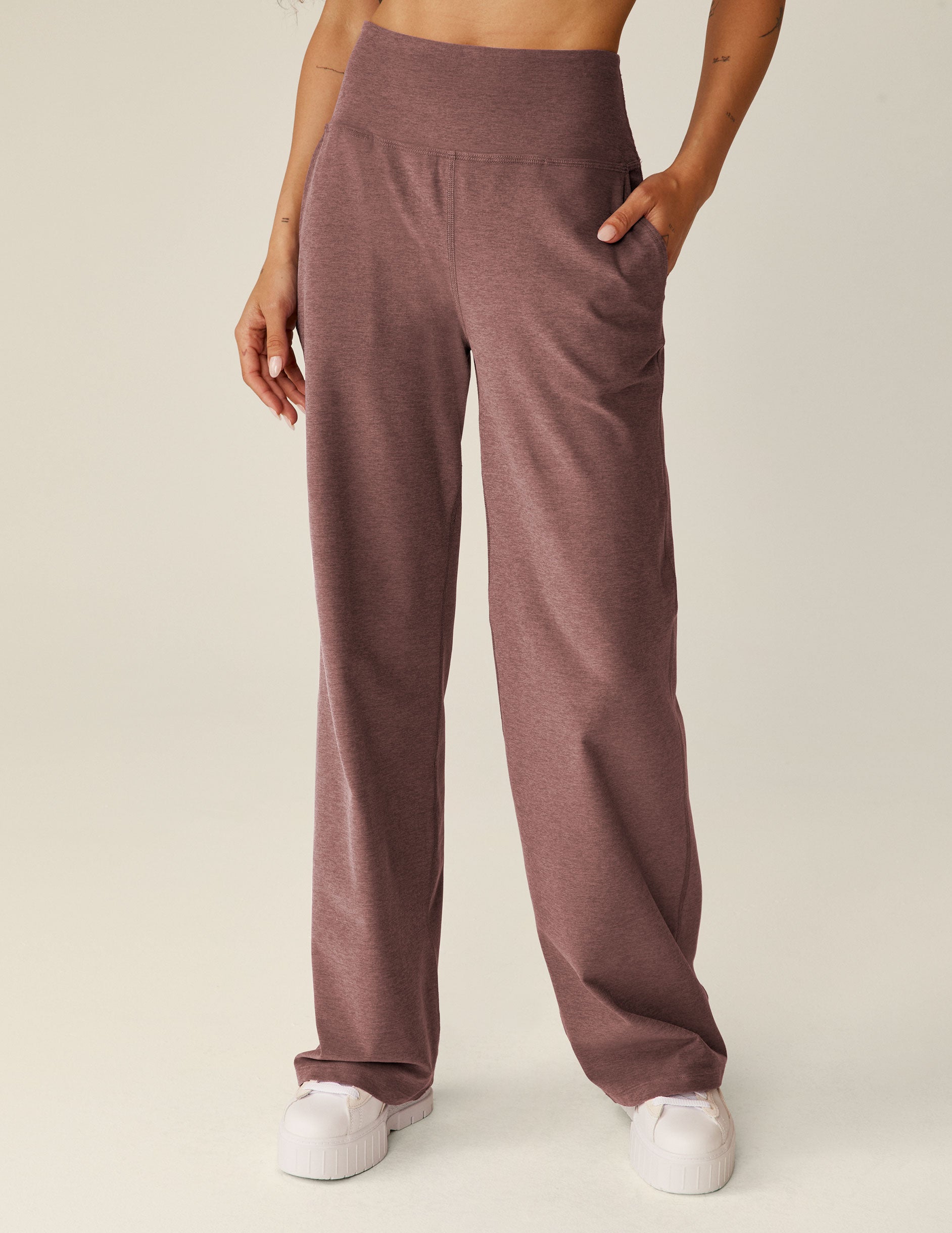 red high-waisted wide leg pants with pockets.