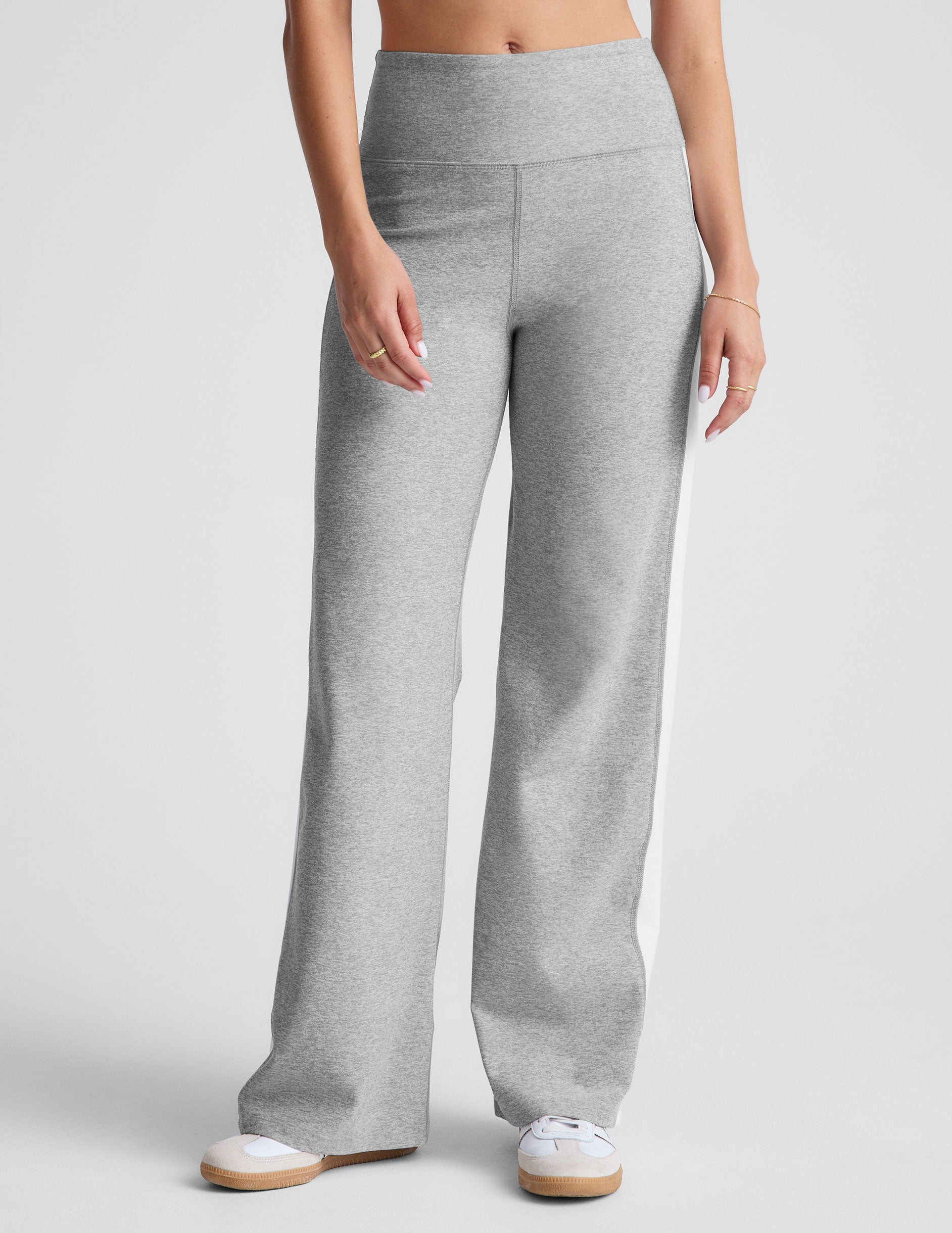 gray wide leg pants with a 4" waistband and white contrast panels on sides.