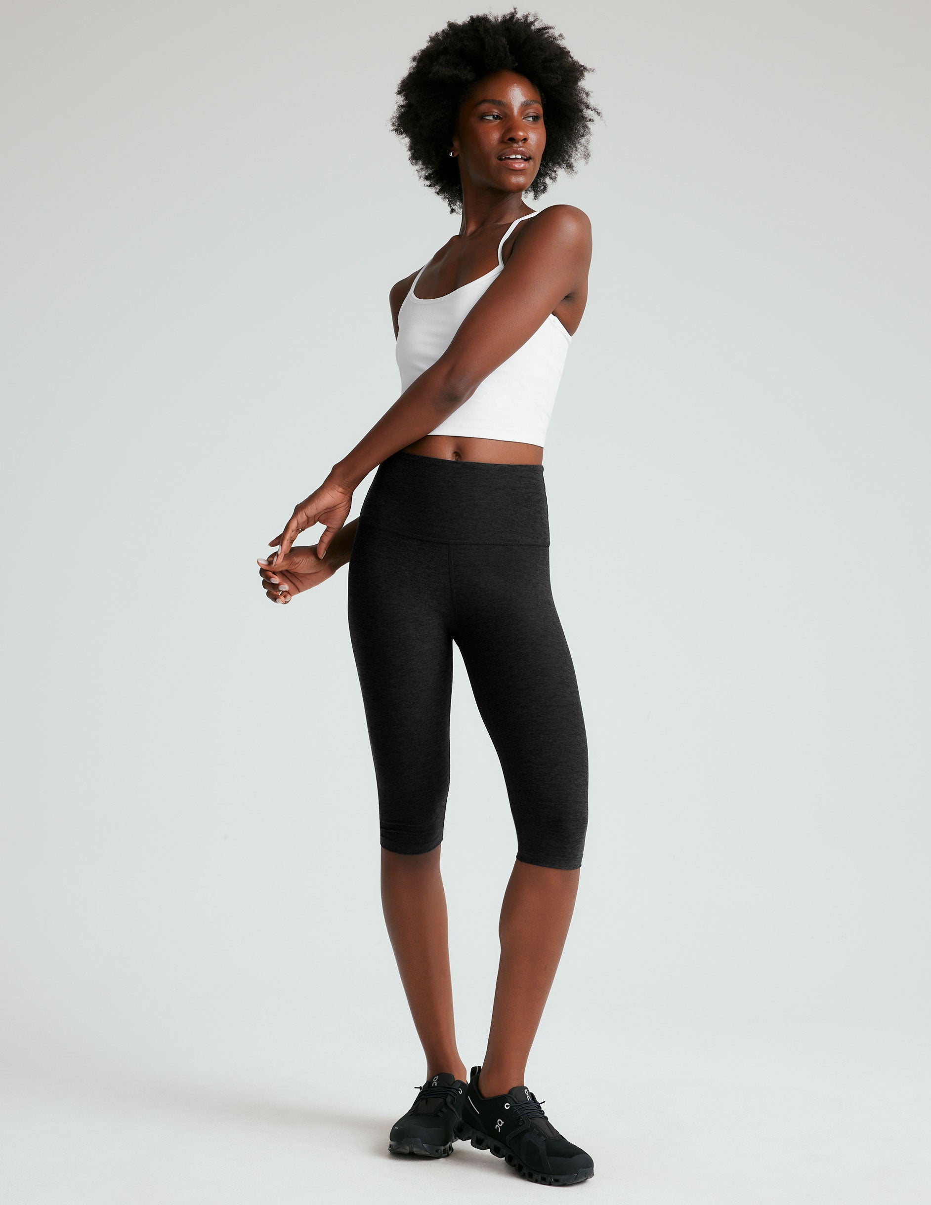 black high-waisted 14.25" length leggings.