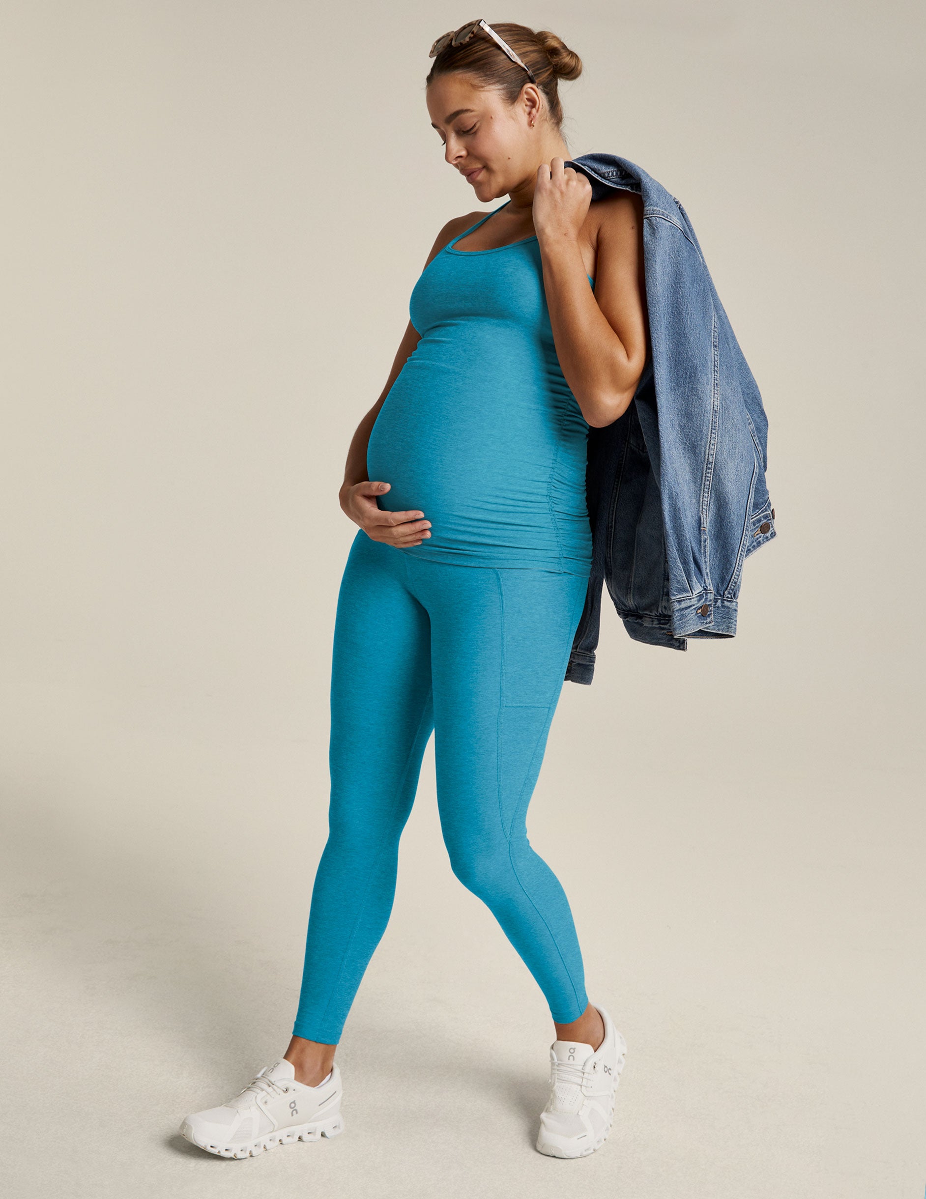 blue spacedye midi maternity pocket leggings.