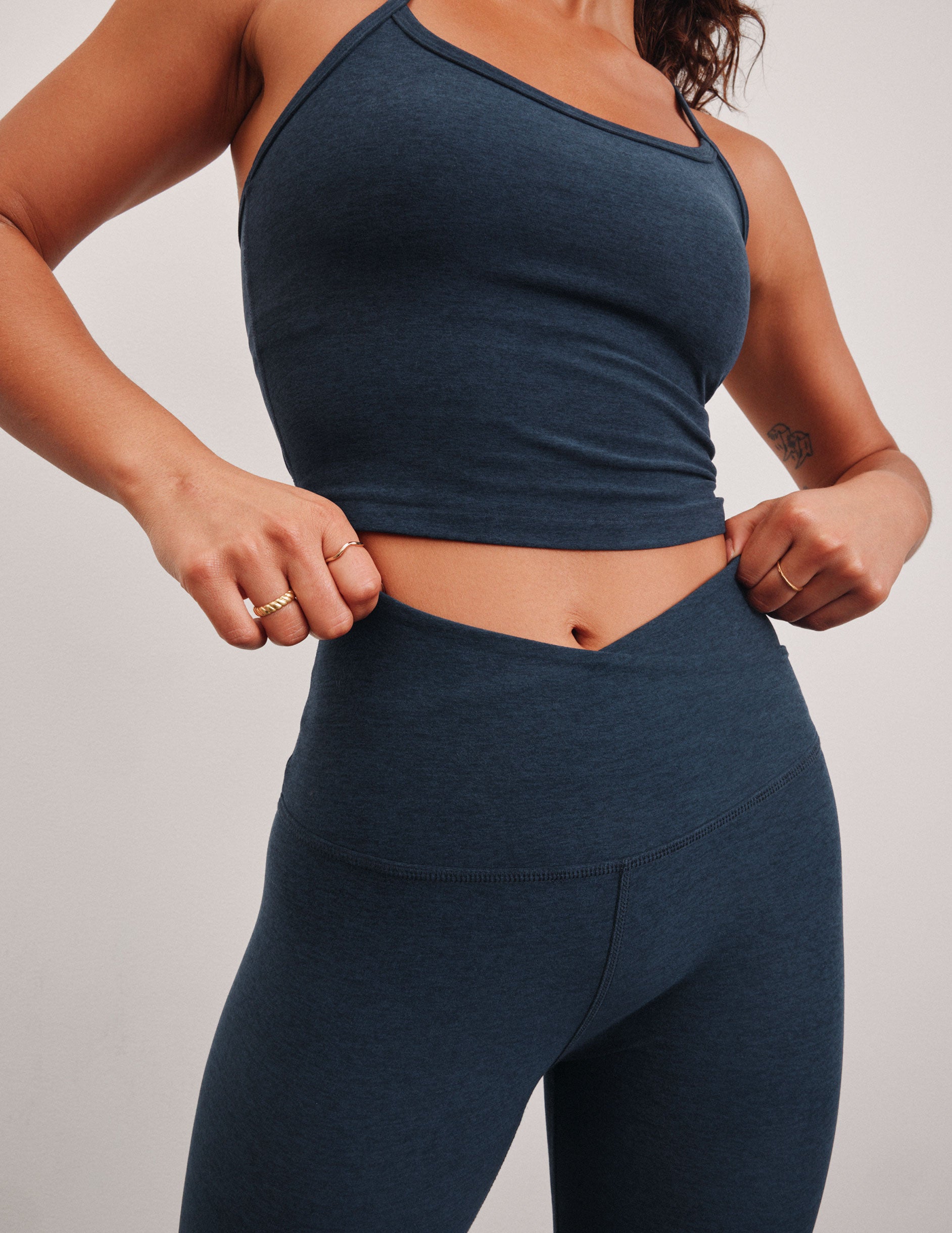 blue criss cross front detail midi legging